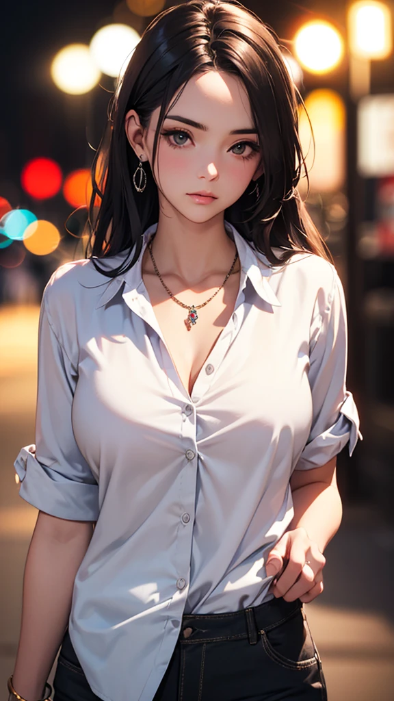 best quality, masterpiece, High resolution, a girl, Men's white collar shirt, necklace, jewelry, pretty face, big breasts, more than_Body, Tyndall effect, lifelike, dark studio, edge lighting, two-tone lighting, (HD skin: 1.2), 8K Ultra HD, SLR camera, soft light, high quality, Volumetric lighting, frank, photography, High resolution, 4K, 8K, Bokeh,