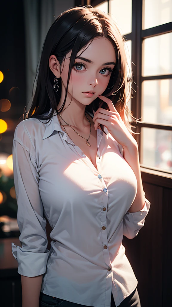 best quality, masterpiece, High resolution, a girl, Men&#39;s white collar shirt, necklace, jewelry, pretty face, big breasts, more than_Body, Tyndall effect, lifelike, dark studio, edge lighting, two-tone lighting, (HD skin: 1.2), 8K Ultra HD, SLR camera, soft light, high quality, Volumetric lighting, frank, photography, High resolution, 4K, 8K, Bokeh,