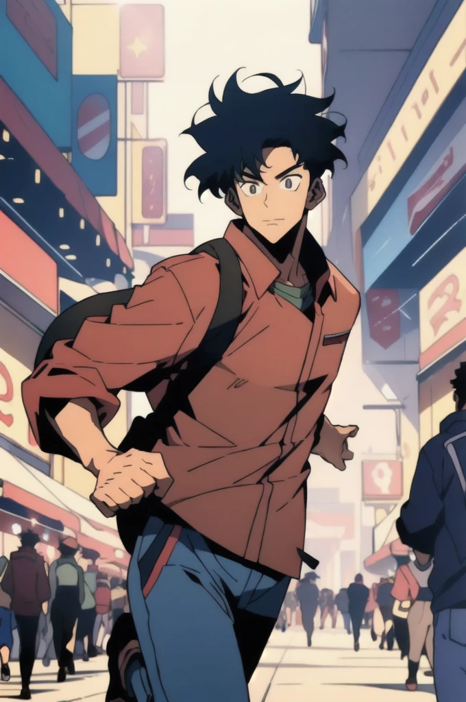 ((Character, best quality: 1.5, masterpiece, 8k detailed, flat colors, anime)), solo: 2, 1boy, itadori Yuji, a young man running pass a crowd in a hurry, front view, bread in mouth,bagpack, crowded path,