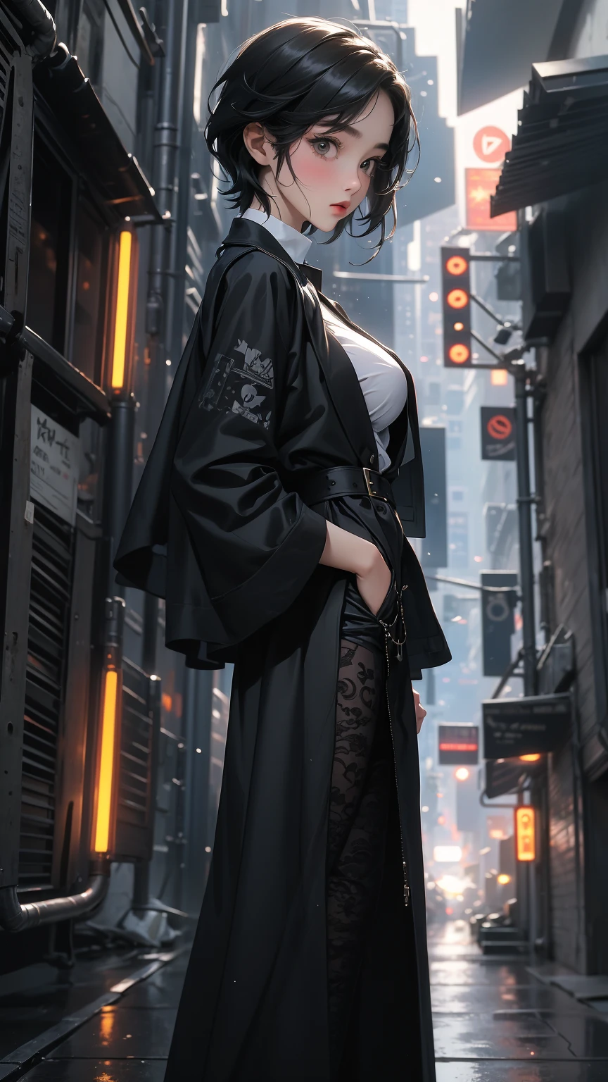 ((Highly detailed CG unit 8k wallpaper, masterpiece, High resolution, highest quality, highest qualityのリアルテクスチャスキン)), ((Hands in pockets pose:1.5, fashion model pose, Composition from head to below the knee:1.5, A cool NY fashion girl influenced by nostalgic and inorganic mode fashion., detailed costume:1.2, Coordination of black lace layered maxi skirt and military jacket:1.3, Monotone fashion, Asymmetrical short hair, Side-shaved hairstyle:1.2, Nana Komatsu)), (((blurred background, An empty back alley in New York where black and white graffiti art shines))), hyper realistic, digital painting, concept art,