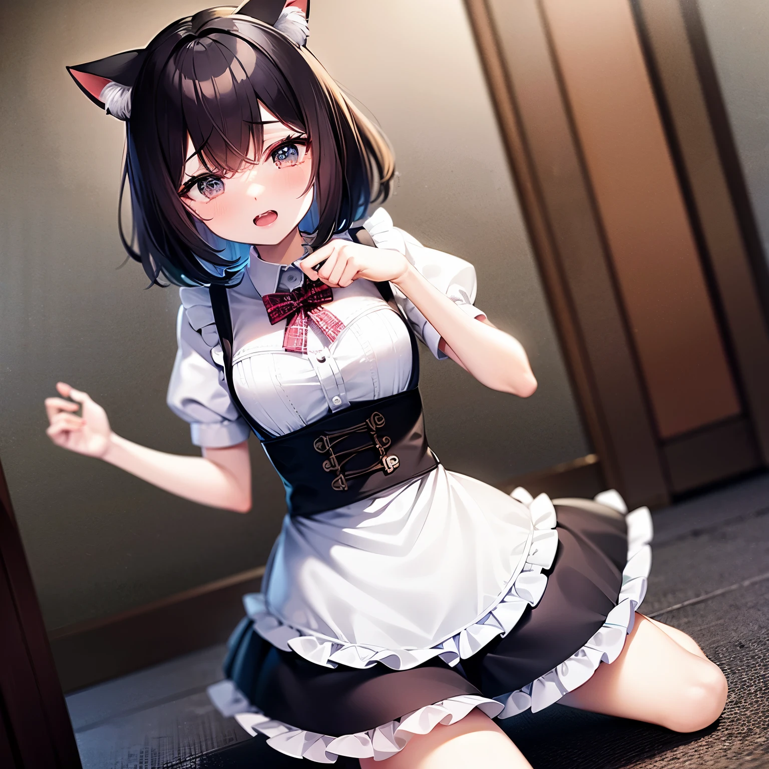 Hair Wolf Cut、Cat ear、miniskirt maid clothes、black hair、first round、tears、sit down on the floor、upward glance、cat pose、Eyes watering、inside the room、Ribbons on clothes、double teeth、I am going to cry、high resolution、eye color pink