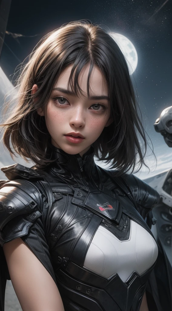 3d render, cgi, symetrical, octane render, 35mm, intricate details, hdr, intricate details, hyperdetailed, natural skin texture, hyperrealism, sharp,
1 girl,  woman, portrait, freckles, looking at viewer, solo, half shot, detailed background, close up, grey eyes, white short hair, detailed face,  futuristic shining digital cobalt armor,  hexagonal pattern, cape, high-tech,    robotics,  high-tech  (mask:0.9), head-up display,  epic  starry outer space in background,     sparks, electricity,  screens,  cinematic atmosphere,
nardack,