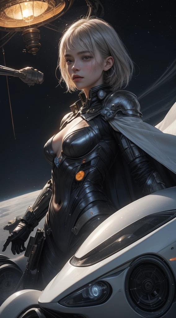 3d render, cgi, symetrical, octane render, 35mm, intricate details, hdr, intricate details, hyperdetailed, natural skin texture, hyperrealism, sharp,
1 girl, woman, portrait, freckles, looking at viewer, solo, half shot, detailed background, close up, grey eyes, white short hair, detailed face, futuristic shining digital cobalt armor, hexagonal pattern, cape, high-tech, robotics, high-tech (mask:0.9), head-up display, epic starry outer space in background, sparks, electricity, screens, cinematic atmosphere,
nardack,