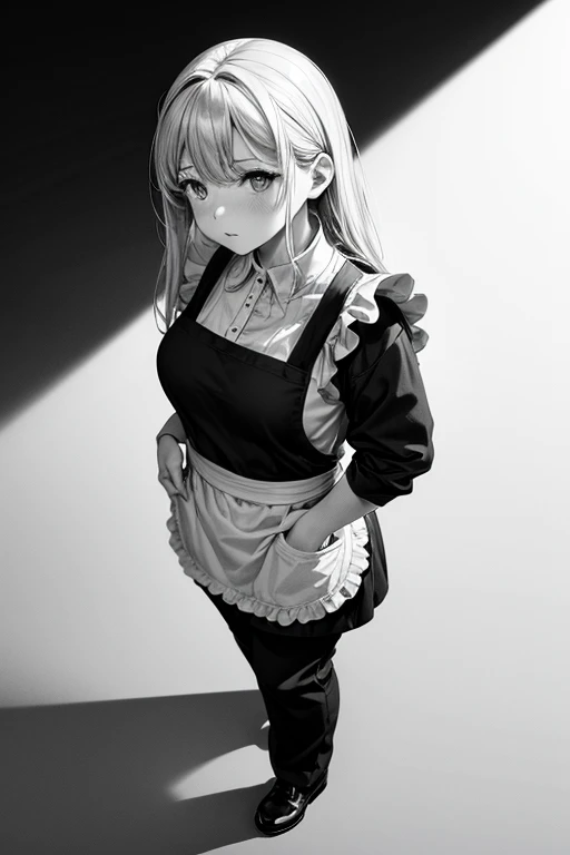 monochrome,masterpiece,illustration, best quality, best aathetic,woman,full body,
apron,45 years old,
pants,
solo,standing,long shot,Low angle and full shot, overhead shot,from above,white background,