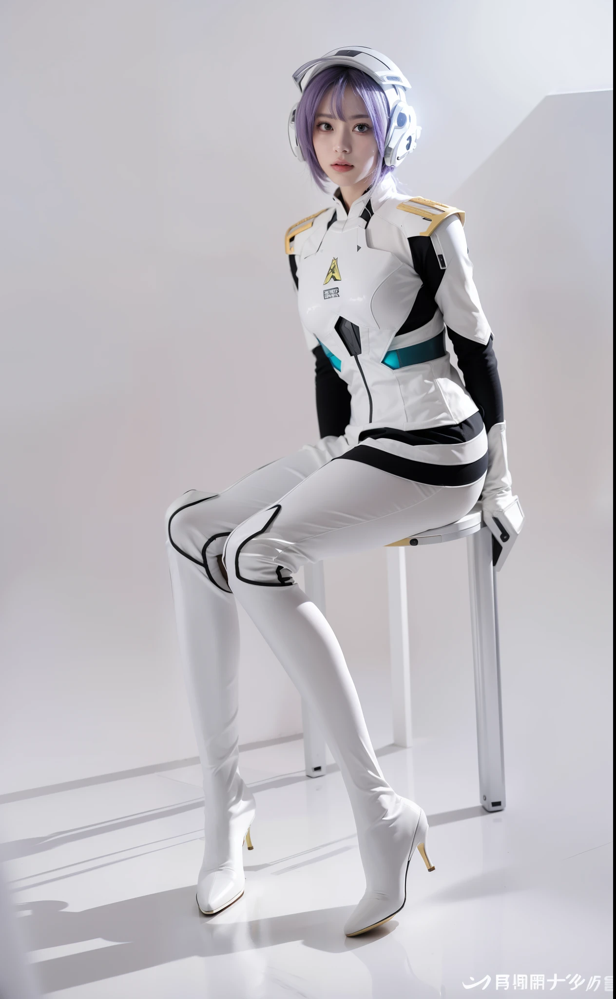 futuristic high tech style,best quality,fairy skin,(every time :1.2),Everlasting,super detailed,actual,high quality,Light,Light线追踪,ultra high definition,upper part of body, Future Iron Man mecha,shooting,Battery,Launching equipment,large caliber artillery,Rostland 8K,Armored Girl,Wearing a cyberpunk technology helmet,Star Warframe Helmet,With breathing Light,The armor of the future shines,armed cannon,high-tech armor,Wear white high-heeled boots,Wear white gloves,Hands are normal,sit on the chair