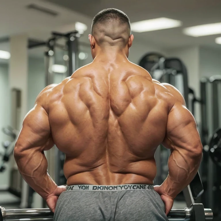 (one or two bodybuilders:1.4), (back view:1.4), (tank top:1.4), (at gym:1.4), 40's, Japanese man, manly face, fat face, (round face:1.4), (monolid eyes:1.2), (buzz cut:1.4), very large and strong body, bulky body, beefy muscles, (bulging muscles:1.4), (very large pectoral muscles:1.4), (muscular arms:1.4), muscular abs, muscular legs, muscular back, bright oily skin, (realistic:1.2), distant view