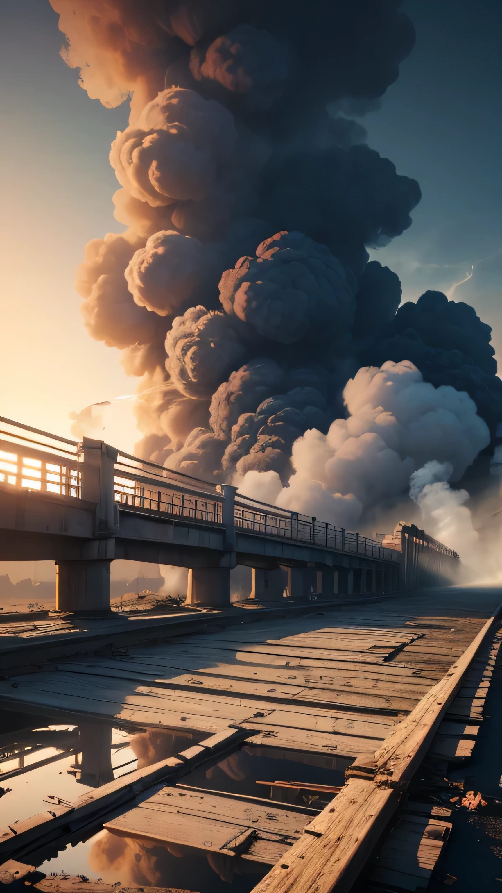 bridge broken, destroyed, broken, smoke, 8k, high quality