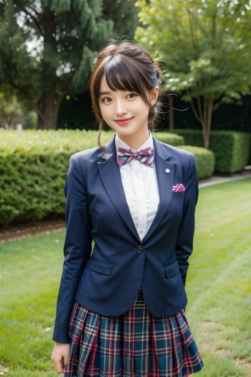 garden,No ribbons in your hair,smile,,blazer,checked skirt,A bow tie,Hair shortcuts