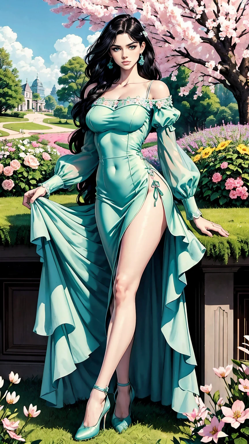 (masterpiece, Best quality, A high resolution, ultra detailed),(beautiful and aesthetically pleasing:1.2), (1 woman), adult, perfect body, wavy black hair, ((green eyes)), detailed eyes and face, (full_body),  A modern take on the classic spring Sicilian dress, transformed into a lace-embellished bodycon dress with a sheer bodice, (pastel colors blue pink dress), delicate spring dress, high heel shoes, gentle and feminine look, garden, many flowers, 