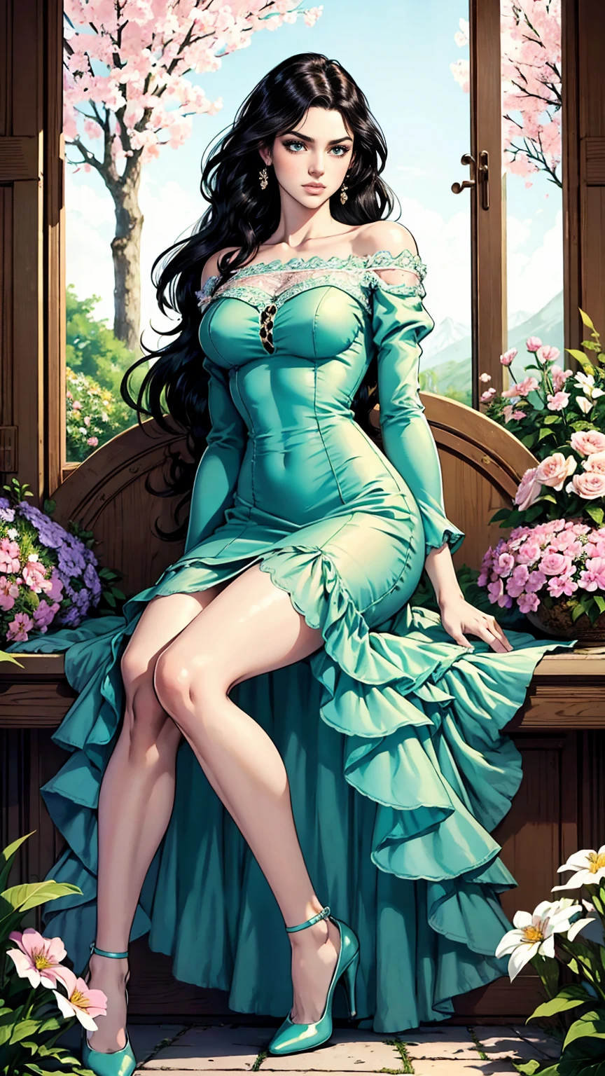 (masterpiece, Best quality, A high resolution, ultra detailed),(beautiful and aesthetically pleasing:1.2), (1 woman), adult, perfect body, wavy black hair, ((green eyes)), detailed eyes and face, (full_body),  A modern take on the classic spring Sicilian dress, transformed into a lace-embellished bodycon dress with a sheer bodice, (pastel colors blue pink dress), delicate spring dress, high heel shoes, gentle and feminine look, garden, many flowers, 