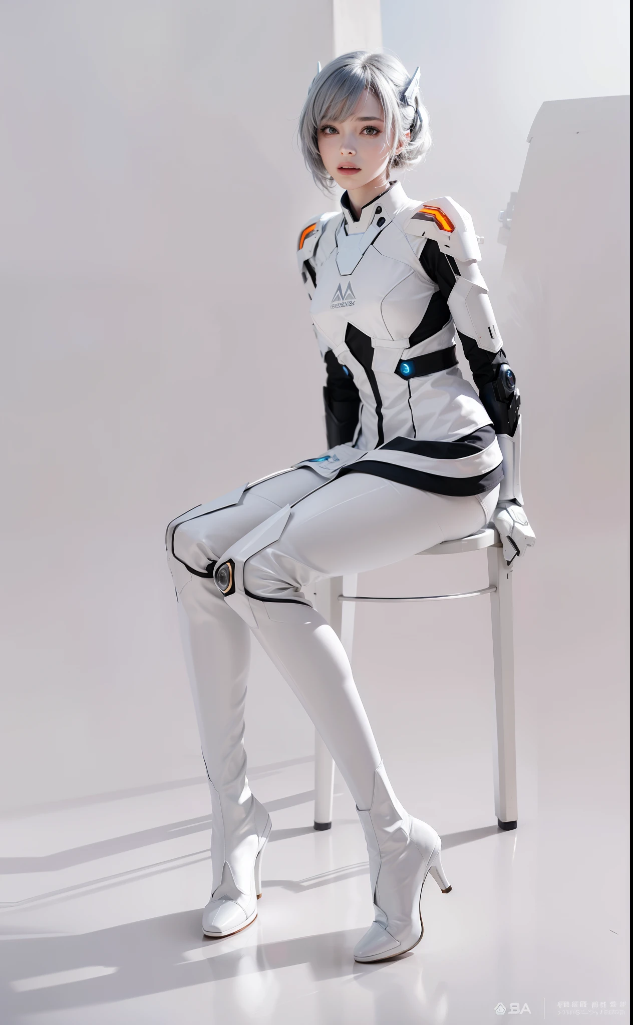 futuristic high tech style,best quality,fairy skin,(every time :1.2),Everlasting,super detailed,actual,high quality,Light,Light线追踪,ultra high definition,upper part of body, Future Iron Man mecha,shooting,Battery,Launching equipment,large caliber artillery,Rostland 8K,Armored Girl,Wearing a cyberpunk technology helmet,Star Warframe Helmet,With breathing Light,The armor of the future shines,armed cannon,high-tech armor,Wear white high-heeled boots,Wear white gloves,Hands are normal,sit on the chair