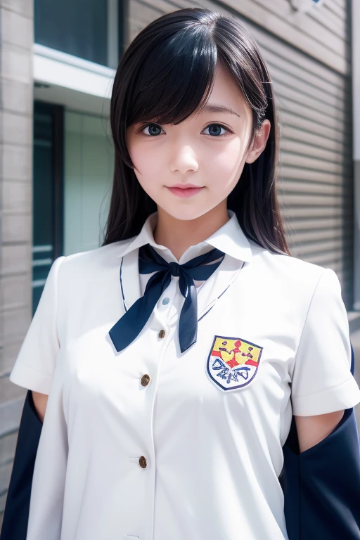 、White summer uniform with school emblem on the left breast、Her nipples are clearly visible through her uniform.