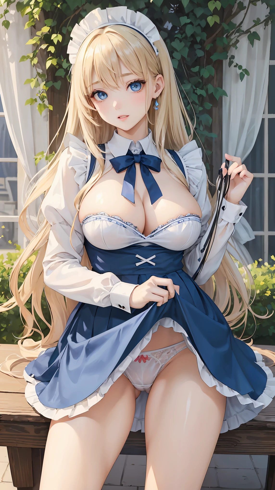 (masterpiece:1.2), (highest quality:1.2), Curvy but slender body, perfect eyes, perfect face, perfect lighting, 1 girl, long hair, curly hair, fine clothes, detailed outdoor background, compensate, eye shadow, thick eyelashes, fantasy, (maid)、whole body,alice in wonderland、Bright and beautiful face、young shiny glossy white shiny skin、the best beauty、the most beautiful bright blonde hair in the world、thin hair、super long straight hair、Shining beautiful bangs、Shining crystal clear big blue eyes、Very beautiful lovely 17 year old most beautiful girl in the world、big and full breasts、tits、a sexually excited look、((She lifts up her skirt and shows her panties))、I'm inviting you to have sex