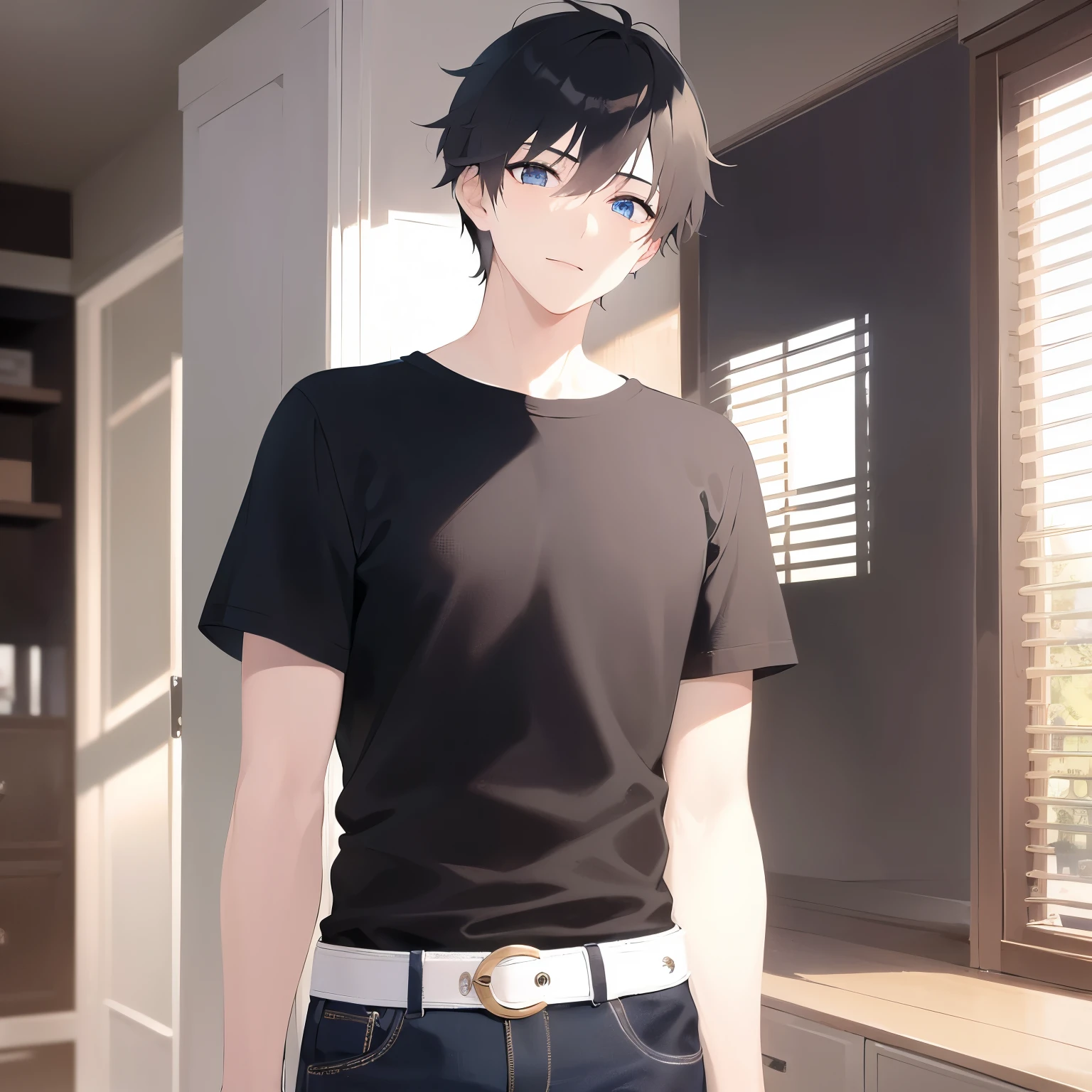 Upper body is shown、masterpiece、highest quality、(25 year old male:1.5) and (black short hair) and (blue eyes), plain black t-shirt、Are standing、smile、The background is the living room、(Alone:1.5)