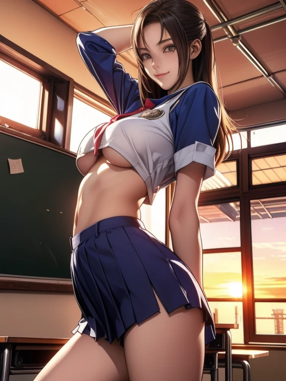 (Photorealistic, masutepiece, Best Quality, Raw photo:1.3)、1girl in, 18years old,Solo,school girl, Long hair, Brown hair, Detailed face, alluring face, Detailed beautiful eyes, medium breasts,(underboob:1.3),(coverd nipples:1.1),(loos sailer uniform :1.35), ( Perfect body skinny beauty: 1.4),( temptation Pose:1.3), (Looking at Viewer, front view,eyes focus:1.2), Detailed background, (sunset:1.2), classroom,fine detailed, intricate detailes, Ray tracing, depth of fields, seductive smile,classroom,