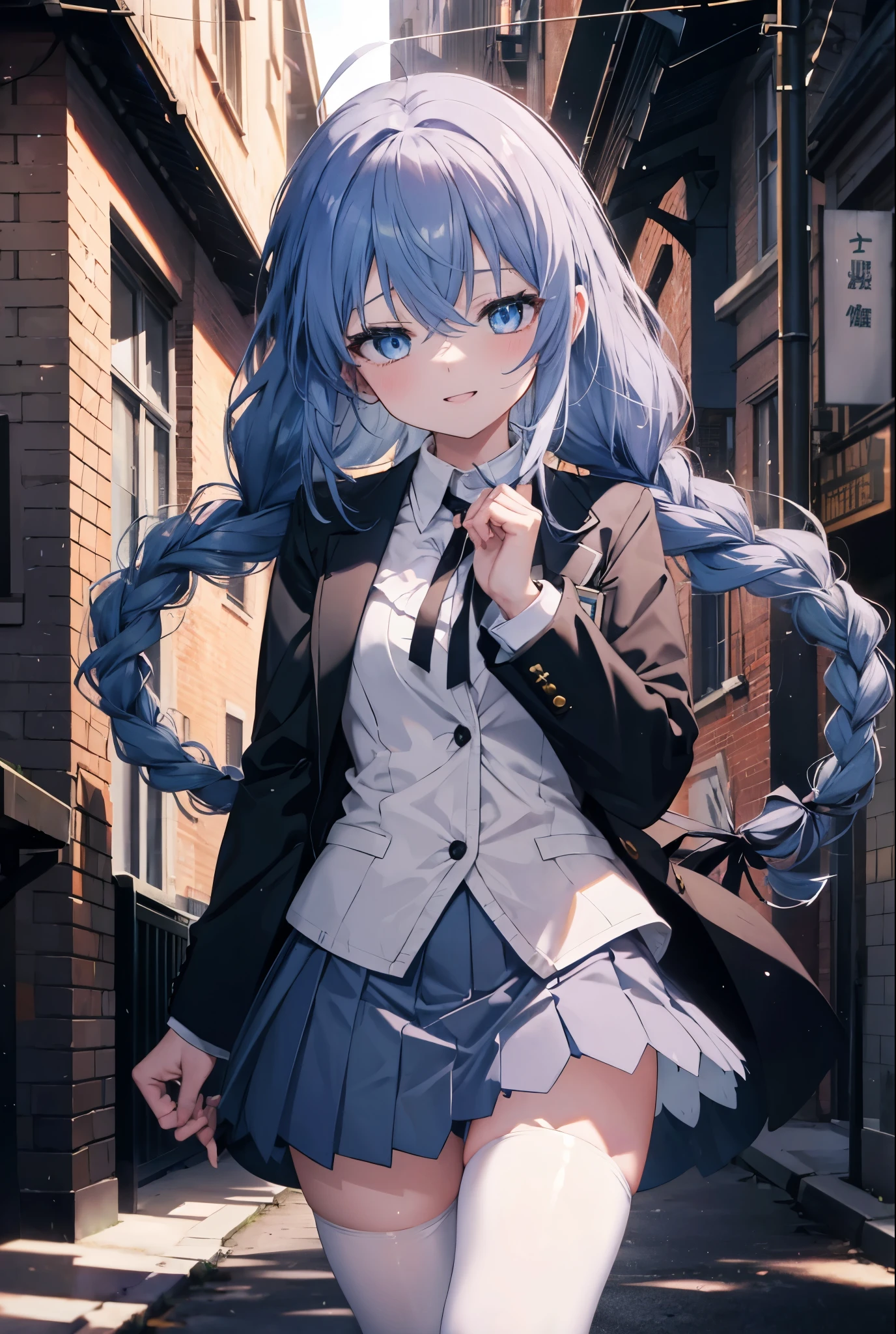 (masterpiece,intricate details),1 girl,mature woman,light _face, BREAK Roxymigurdia, Roxy, Ahoge, black ribbon, blue eyes, blue hair, Braid, hair between eyes, hair ribbon, long hair, twin Braids, very long hair,happy smile, smile, open your mouth, Destroy White Y-Shirt,Blue Blazer,Blue pleated skirt,Gray pantyhose,White Loafers,
壊す looking at viewer,
break outdoors, In town,Destroy a city of buildings (masterpiece:1.2), highest quality, High resolution, unity 8k wallpaper, (figure:0.8), (detailed and beautiful eyes:1.6), 非常に詳細なface, perfect lighting, Very detailed CG, (perfect hands, perfect anatomy),