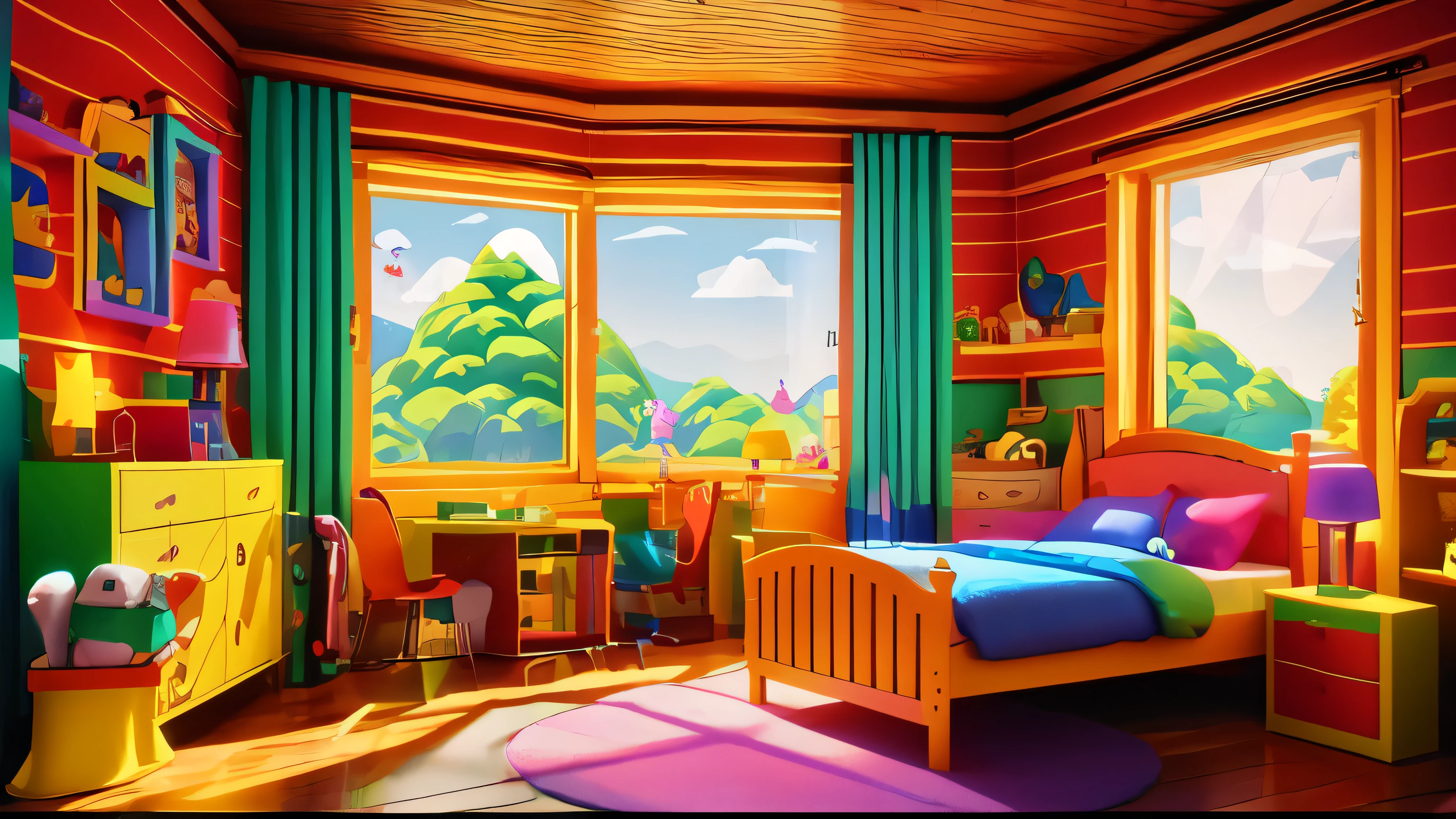 bright children&#39;s bedroom with bed, Commode, and a window, colorful kids book illustration, Sunny bedroom, 3 d stylize scene, Personal Room Background, inside a child&#39;s bedroom, colorful illustration, photorealistic room, colorful illustration, kids book illustration, scenic colorful environment, very detailed scene, Colorful scene, 8K cartoon illustration
