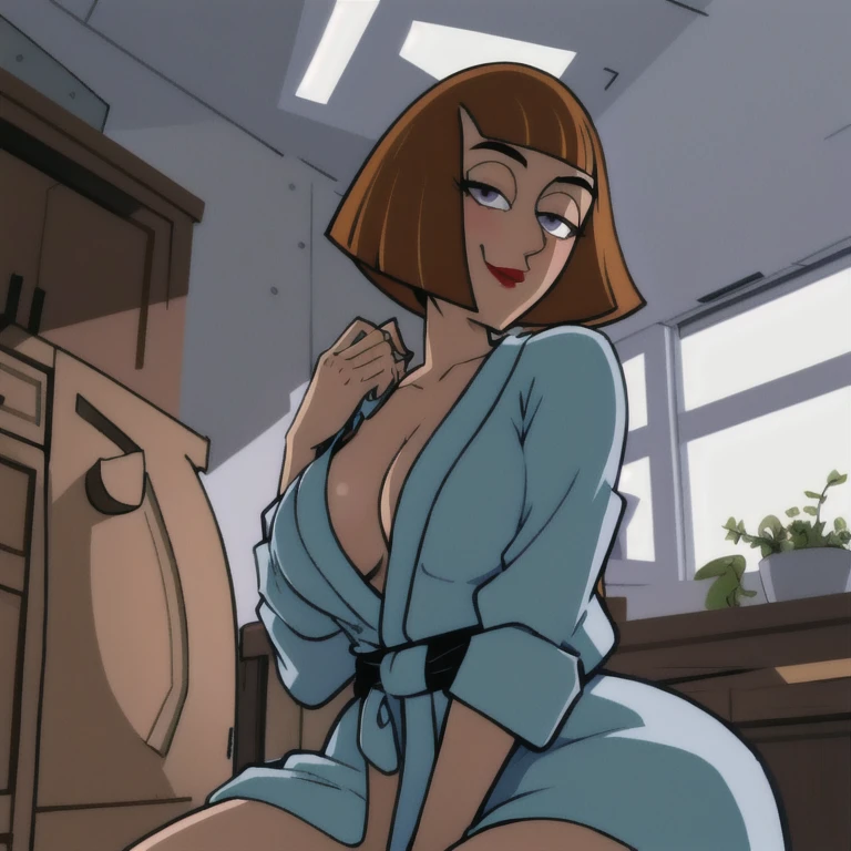 maddie fenton, looking at viewer, thinking about sex, wondering if it will work, in the kitchen, fully clothed, bathrobe, sitting at table, eye-contact, horny, masturbating secretly, hand under table, red cheeks, orgasm, masturbation, subtly flash tits, show off, steaming aura. from below, towering over you, arrogant, viewer looking up, flashing pussy , in love with you, looking intently at viewer, wants no one but you, absolute devotion, love, wants you, front facing, open legs