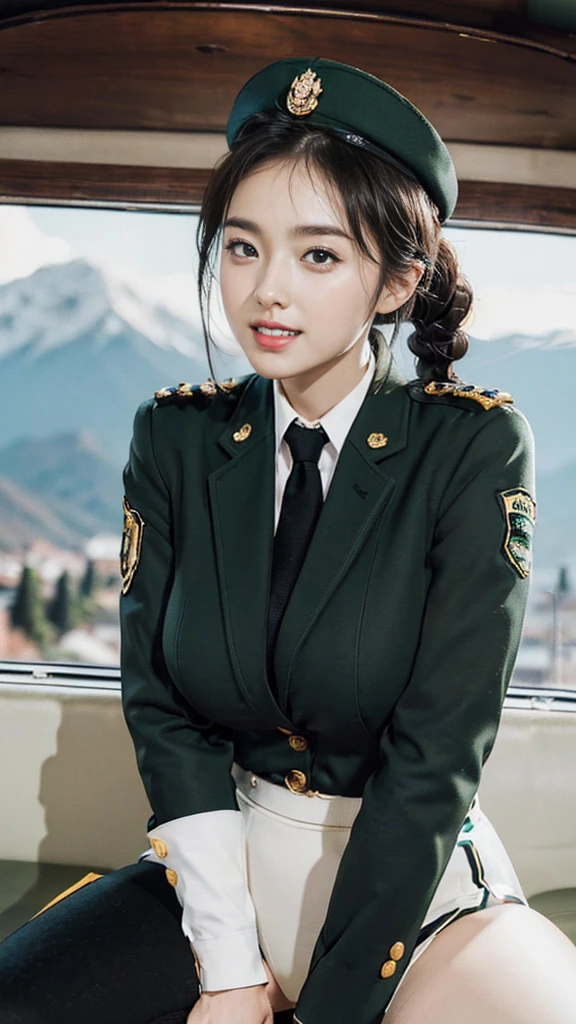 Typically detailed CG Unity 8K wallpapers，（masterpiece），（best quality），（Super detailed），（Super real photos），（Best character details：1.36），Nikon D750F / 1.4 55 mm，original photo，professional lighting， Physically based rendering, 1 plump girl, female soldier，(Dark green military uniform，(Dark green military uniform)，business suit，Fabric texture military uniform, Perfect military calm)，(Wear a plain white shirt under the jacket:1.25)，(black tie)，((Black panties,))，bare legs，plump thighs,military cap，big wavy hair，Do not tie your hair，Short hair details，braids)，golden ratio,[:(Have a delicate face:1.2):0.2]:，Pure love face_v1，thick eyebrows,(huge breasts:1.55),(huge ass),(plump thighs:1.45),(wide hips:1.55),((Place your finger to your mouth):1.4)，close up镜头，((Smile full of confidence， Shy，On the snowy mountain):1.35)，(((close up),胸部close up,脸部close up,Front view，))，(sunset sky，gentlesunlight，The sun shines on the face，(light shines on face)，blue sky，sunny smile，brilliance)，White teeth，(look at me)，(((Tik, bbw sauce, Thick and tight, wide hips, Buttocks swell crazily,🐎🍑,(spread your legs:1.2),attractive pose,sexy pose,standing split, Bare thighs, bare legs, seductive smile, film grain, movie lighting) )，Azure Lane style),spread legs,