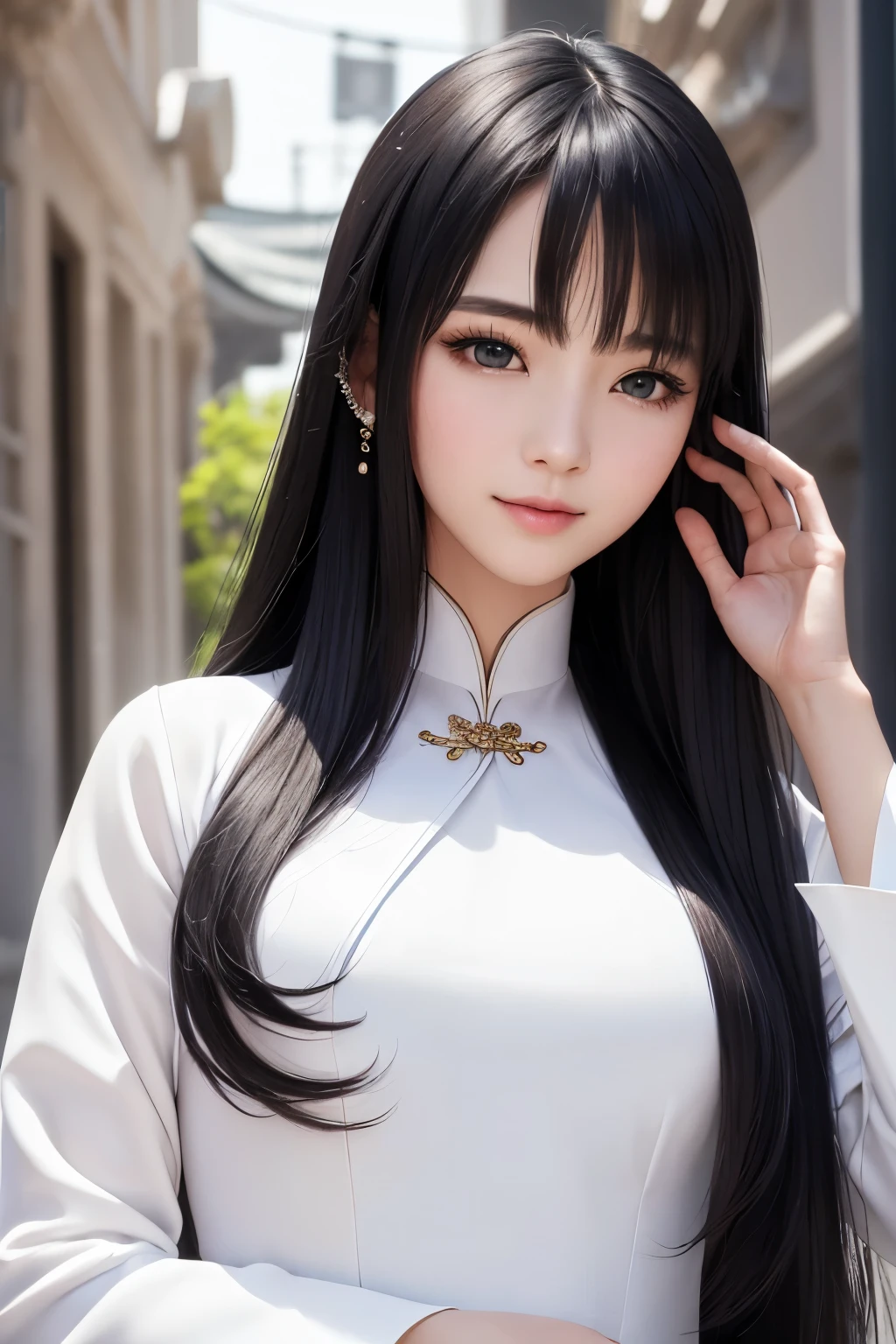 best quality, (realistic, Photoreal:1.37), ((solo)), 8K quality, very delicate and beautiful, wonderful, Official art with attention to detail, That's ridiculous, incredibly ridiculous, huge file size, super detailed, very detailed, (cute), (detailed girl), very detailed目と顔, detailed and beautiful eyes, light makeup,, (perfect woman image), slim waist, (korean beauty), ((whole body)), ((Put the head in the frame)), ((pure white ao dai)), smile gently, (black hair), inner hair coloring, hair ornaments, (unusually long hair),