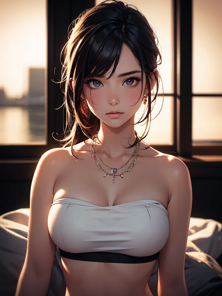 best quality, masterpiece, High resolution, a girl, tube top, necklace, jewelry, pretty face, big breasts, more than_Body, Tyndall effect, lifelike, dark studio, edge lighting, two-tone lighting, (HD skin: 1.2), 8K Ultra HD, SLR camera, soft light, high quality, Volumetric lighting, frank, photography, High resolution, 4K, 8K, Bokeh,