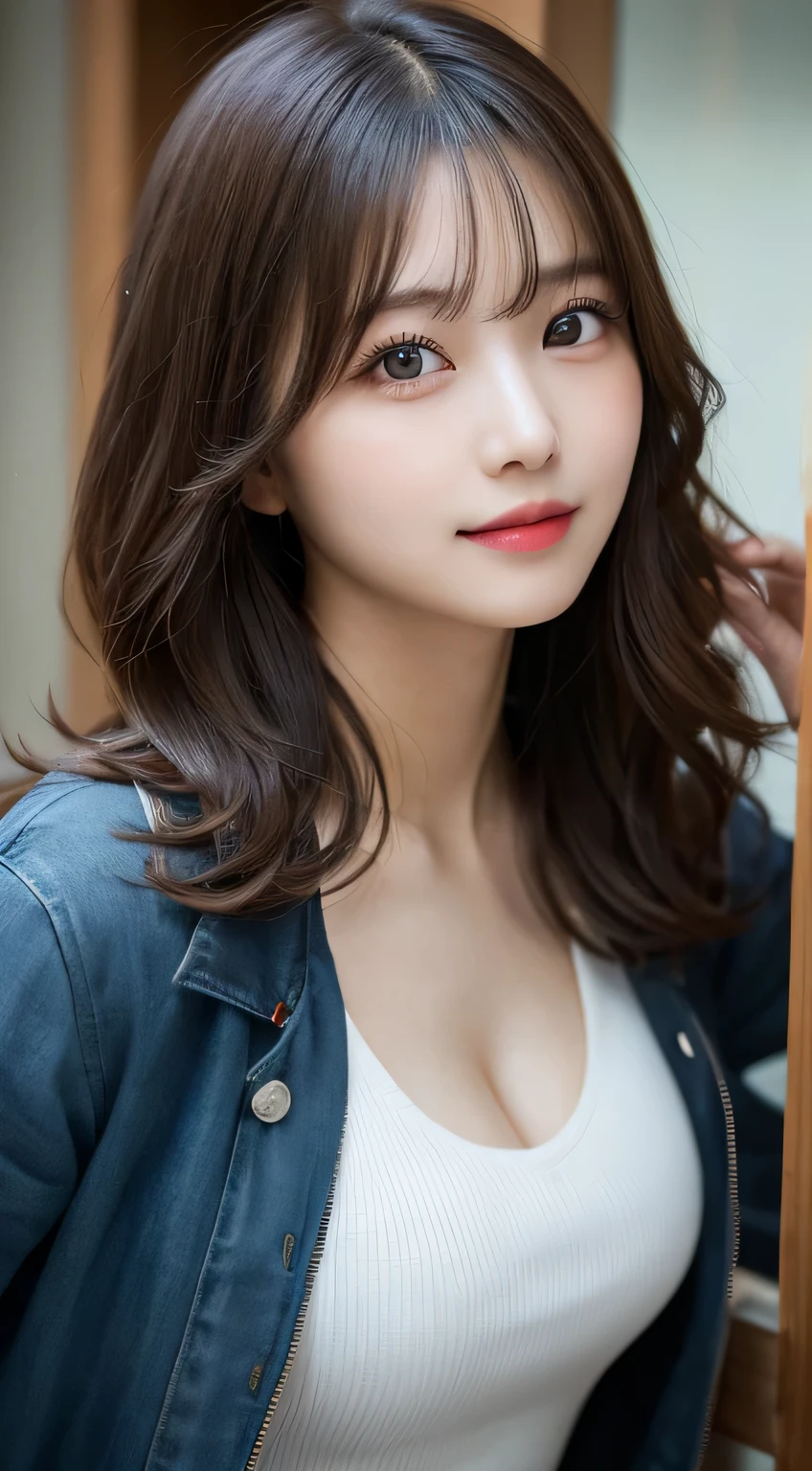 table top, highest quality, shape, Super detailed, finely, High resolution, 8k wallpaper, perfect dynamic composition shape, beautiful and detailed eyes, Down jacket,wavy hair,small breasts natural color lip, bold sexy pose,smile、20 year old girl、cute、sexy shot looking at camera,Raw photo,messy hair