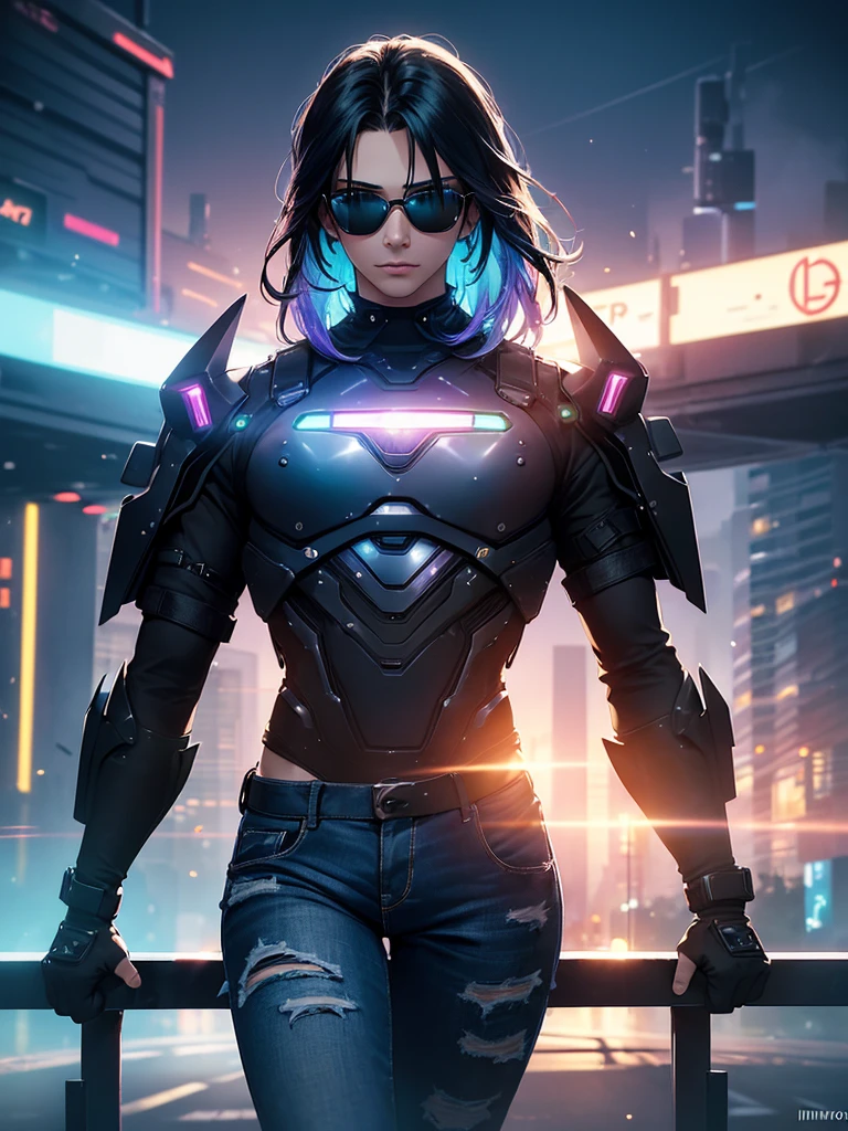 Keanu Reaves with sunglasses, mechanized arms, black tank top with rips, jeans, cyberpunk body, full body, BREAK, leaning against a railing on a road with luminous buildings,Girl wearing police outfit, (ultra-realistic), {CG unity wallpaper extremely detailed 8k image}, expansive landscape photography, (a centered view that prioritizes the character and the setting, (wide open field view), (low angle photo), (high light: 1.5), (low light: 1.5), (low light: 1.5), (warm light source: 1.5), complex details, (iridescent colors: 1.2), (bright lighting), (atmospheric lighting), surrealistic, dreamy, futuristic, photography