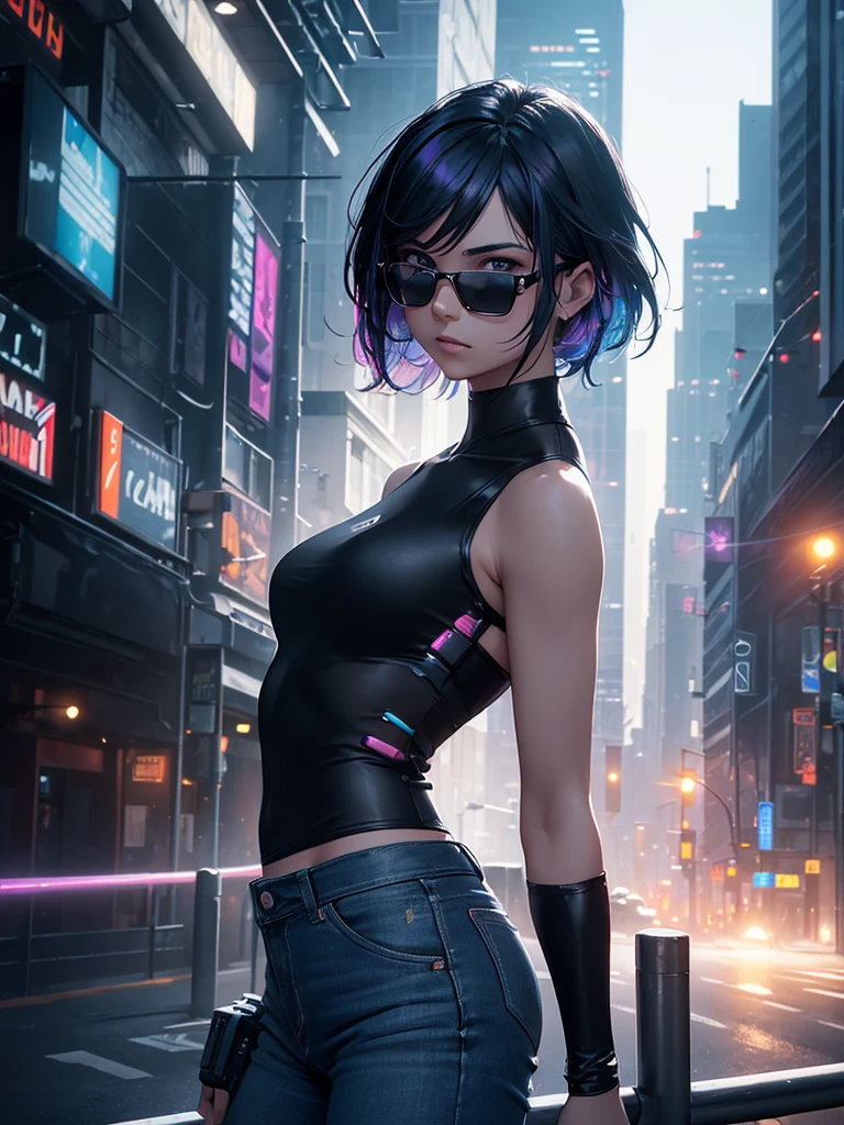 Keanu Reaves with sunglasses, mechanized arms, black tank top with rips, jeans, cyberpunk body, full body, BREAK, leaning against a railing on a road with luminous buildings,Girl wearing police outfit, (ultra-realistic), {CG unity wallpaper extremely detailed 8k image}, expansive landscape photography, (a centered view that prioritizes the character and the setting, (wide open field view), (low angle photo), (high light: 1.5), (low light: 1.5), (low light: 1.5), (warm light source: 1.5), complex details, (iridescent colors: 1.2), (bright lighting), (atmospheric lighting), surrealistic, dreamy, futuristic, photography