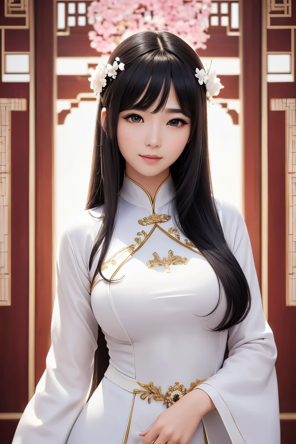 best quality, (realistic, Photoreal:1.37), ((solo)), 8K quality, very delicate and beautiful, wonderful, Official art with attention to detail, That's ridiculous, incredibly ridiculous, huge file size, super detailed, very detailed, (cute), (detailed girl), very detailed目と顔, detailed and beautiful eyes, light makeup,, (perfect woman image), big and full breasts, slim waist, big ass, (korean beauty), ((whole body)), ((Put the head in the frame)), ((pure white ao dai)), smile gently, (black hair), inner hair coloring, hair ornaments, (unusually long hair),