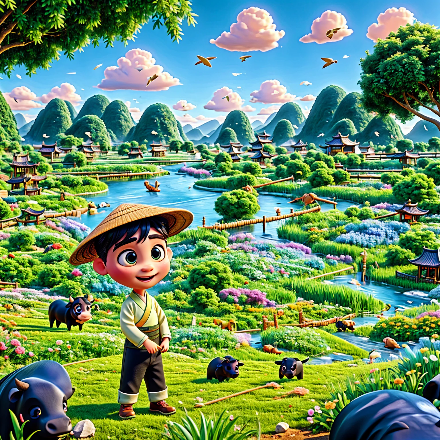 During Qingming Festival, A light rain, One is wearing light-colored Hanfu、Cute Chinese boy wearing a straw hat sits on a black cow, Play the flute, A character reminiscent of Bubble Mart. They were in a field with a river, grassland, Heyuanshan, Under a sky of circling birds, Describe the vibrant spring life. The boy is rendered in Disney Pixar style, with big, Watery eyes and bright colors. The scene uses ray tracing and Octane rendering technology to achieve wide-angle views, Has clay-like texture and dynamics, animated lighting. This 3D artwork was created using C4D, Overclocked rendering, and blender, Display rich details and high quality.