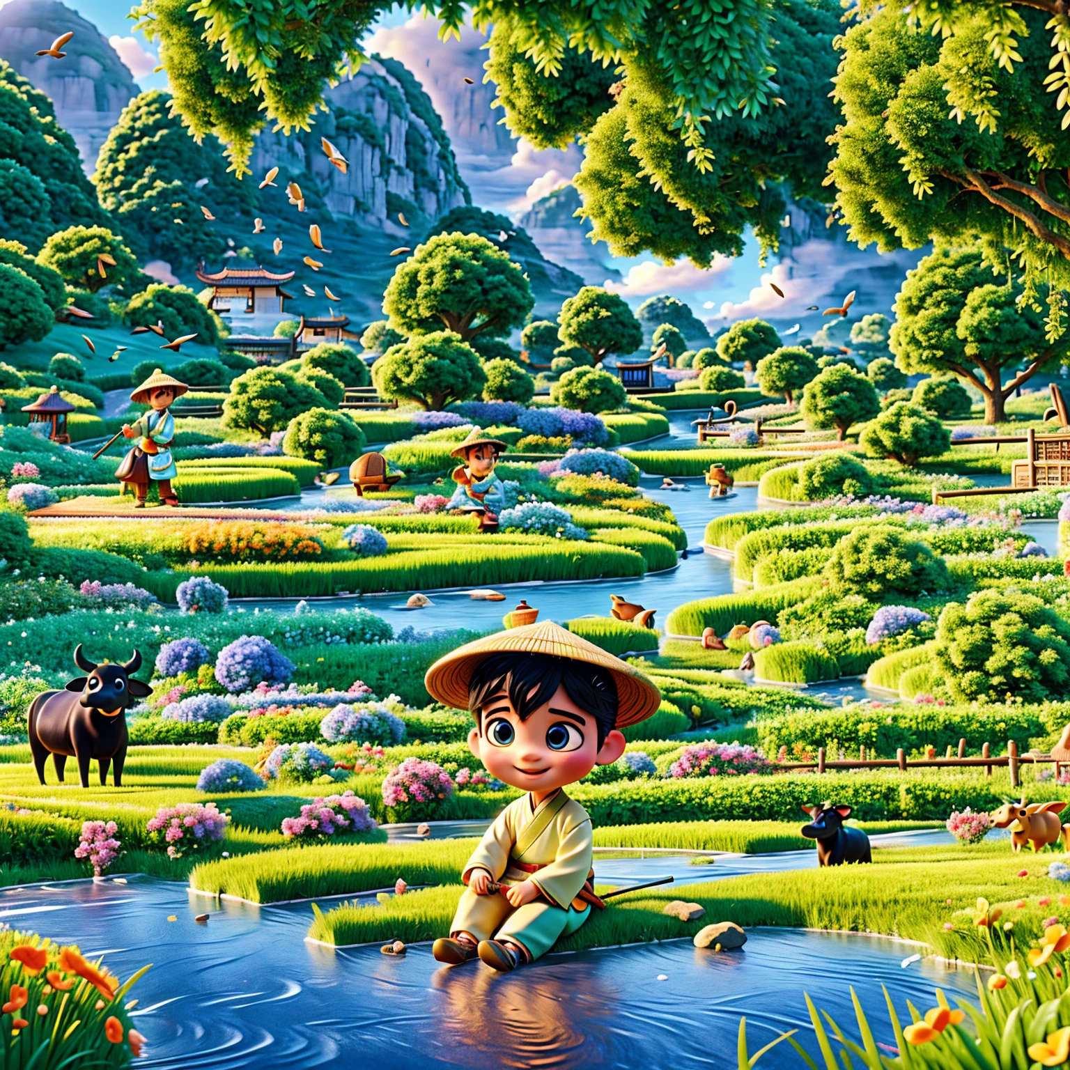 During Qingming Festival, A light rain, One is wearing light-colored Hanfu、Cute Chinese boy wearing a straw hat sits on a black cow, Play the flute, A character reminiscent of Bubble Mart. They were in a field with a river, grassland, Heyuanshan, Under a sky of circling birds, Describe the vibrant spring life. The boy is rendered in Disney Pixar style, with big, Watery eyes and bright colors. The scene uses ray tracing and Octane rendering technology to achieve wide-angle views, Has clay-like texture and dynamics, animated lighting. This 3D artwork was created using C4D, Overclocked rendering, and blender, Display rich details and high quality.
