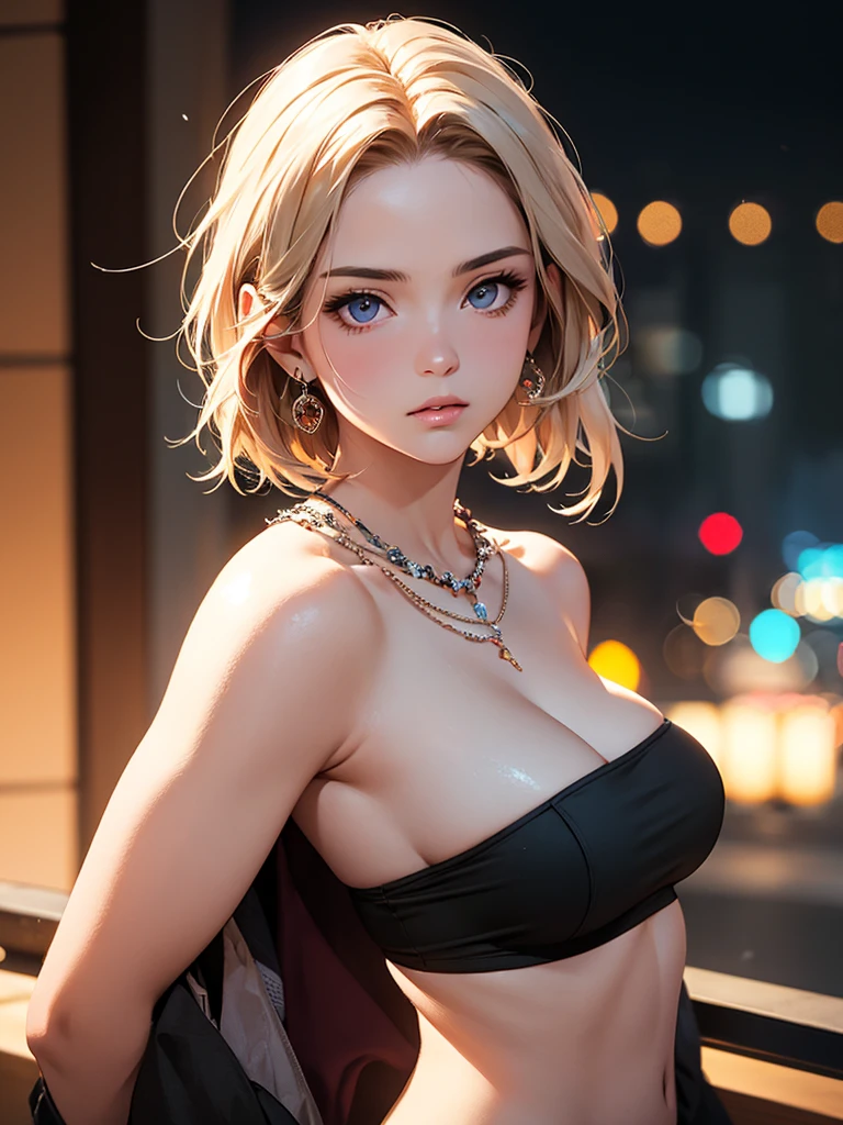 best quality, masterpiece, High resolution, a girl, tube top, necklace, jewelry, pretty face, big breasts, more than_Body, Tyndall effect, lifelike, dark studio, edge lighting, two-tone lighting, (HD skin: 1.2), 8K Ultra HD, SLR camera, soft light, high quality, Volumetric lighting, frank, photography, High resolution, 4K, 8K, Bokeh,