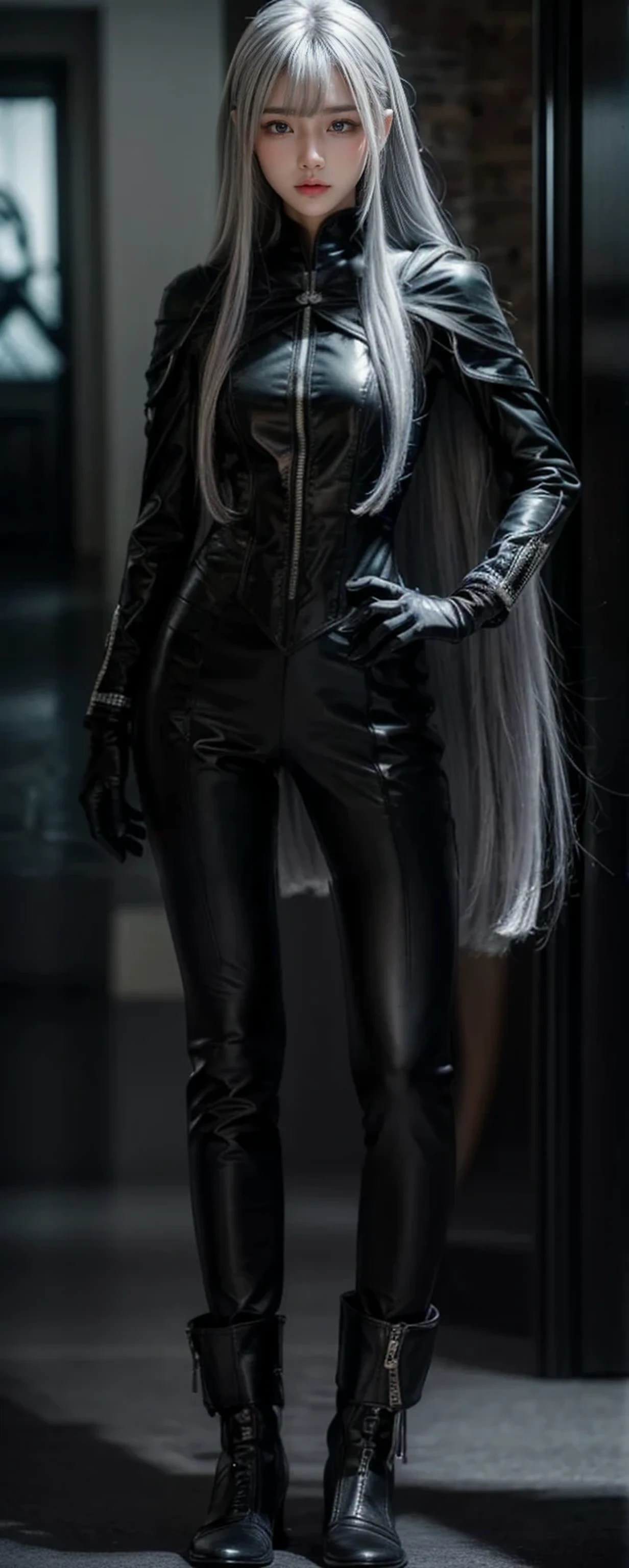 black military uniform,whole body,Height: 168cm,almond shape eyes,{{{{{silver eyes}}}}},{{{{{dull bangs}}}}},(slanted eyes},{{whole body},{{{1 girl}}}, long hair, straight hair,{{{{silver hair}}}},{{{tsurime}}},30 years old,{Medium chest},{{bush}},silver eyes,{{{masterpiece}}}, {{{highest quality}}}, {{Super detailed}}, {shape}, {{very delicate and beautiful}},very detailed,detailed perfect,detailed hyper,Abundant thighs,big ass