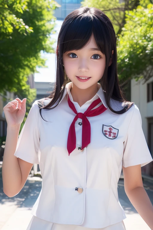 、White summer uniform with school emblem on the left breast、The nipples are clearly visible