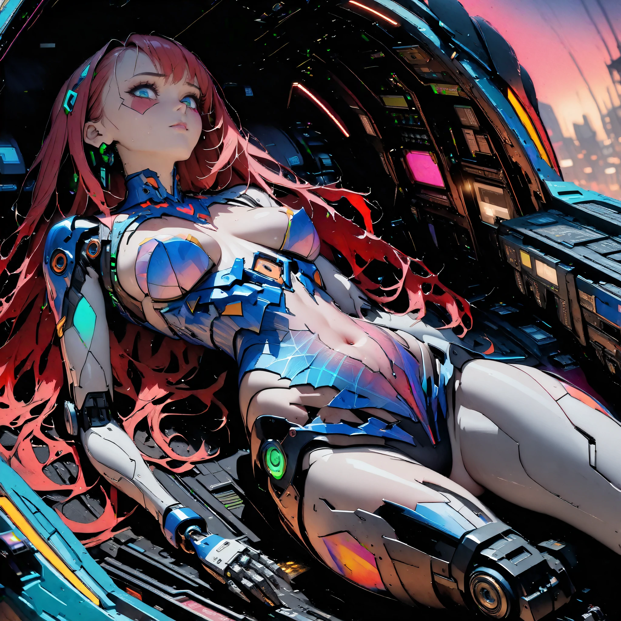 ((Create, young girl-16+),(in the cockpit of a mechanical robot, movies;(ghost in the armor, apple seed), (full growth, reclining, in the inside of a robot, mechanical drives, electronics), (very beautiful young girl, long red hair, smooth clean, white skin, open body, open shoulders))_ ((Red with black, tight cyber jumpsuit, corset of belts, fasteners and fastenings, open parts of the body), (electronics - implants woven into her body), (technological elements, cyberpunk implants), (electronic technology), (insides of a robot-robot cabin), (machine-human symbiosis))_((Futuristic jewelry on the body), (tattoos), (her body is grace, grace, ideal figure, girl with long red hair, waist-length), (black metal, leather corset, biologically integrated into a robotic machine), (body in tattoos), (angel of the cyber world))_((Expressive image), ( detailed image, high quality, masterpiece), (elegant figure, semi-lying, in mechanical parts, robot), (sexy, erotic, tattoos), (NSFW))_(((Bright, anime style, cyberpunk), (Stylized picture , comics, cyberpunk, anime), (distant futuristic future, high technology - cyber robots))_((Masterpiece, highest quality, background - the inside of a robot, cyborg, symbiosis of man-machine), (mechanical components, cyber technologies)) _ ((Clear frame, soft shadows, contrasting light), (warm range of colors, golden light, contrasting light with cold side lighting, expressing volume and shape))_ ((Stylized 3D visualization imitating comic book graphic technique), (clear line, clear stroke, shading, color fill))_((High quality, 4K | Ultra HD | Full HD, cinematic rendering)).