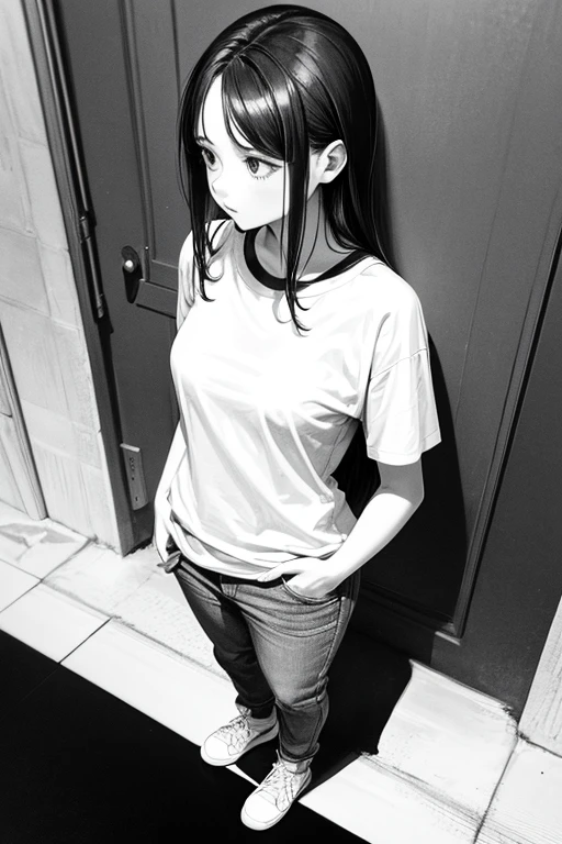 monochrome,masterpiece,illustration, best quality, best aathetic,woman,full body,
T-shirt,45 years old,
looking away:1.4,
pants,
solo,standing,long shot,Low angle and full shot, overhead shot,from above,white background,
small breasts,