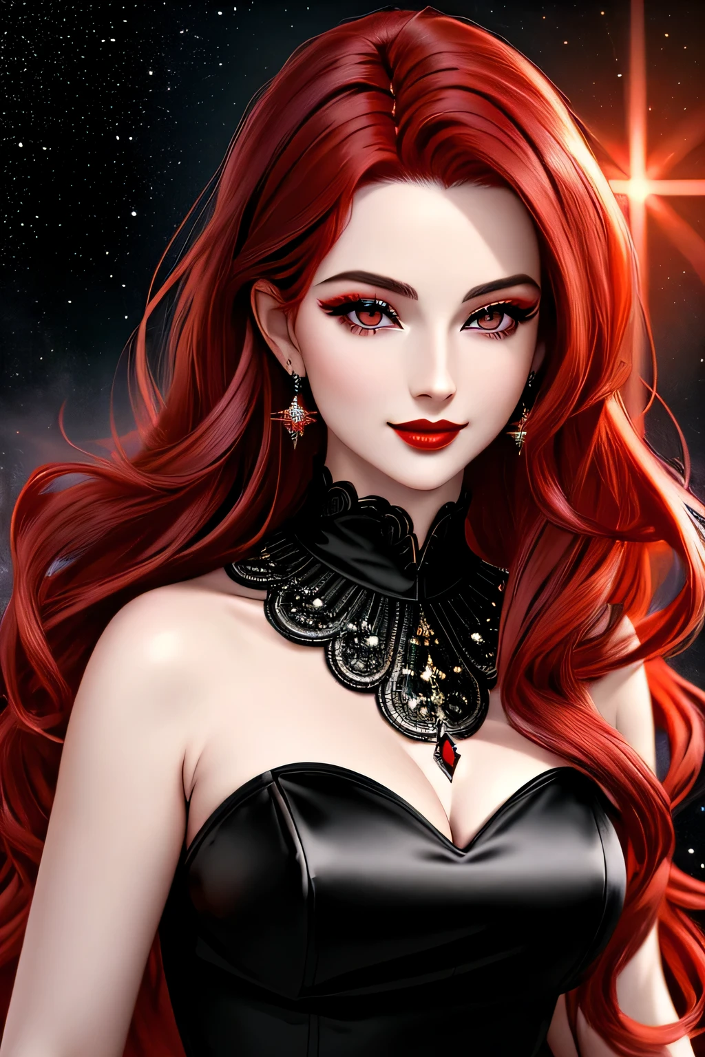 (Masterpiece, Best Quality:1.3), absurdres, (8k resolution), illustration, ((outline, thick lineart)), (faux traditional media:1.3), looking at viewer,(masterpiece,best quality),HDR,high-definition,[[Intricate Details]],cinematic,photorealisticportrait shot, ((vivid red hair)), mature woman, 30 years old, diamond face, moonlight, red starry sky background, depth of field, magic, big red lips, ((dark black eyes)) black and red long and full dress, covered chest, mystical atmosphere, smile expression, posing, taut and well defined body, attractive. Highly realistic, pale skin, beautiful, hyperrealism, skin very elaborated, direct gaze
