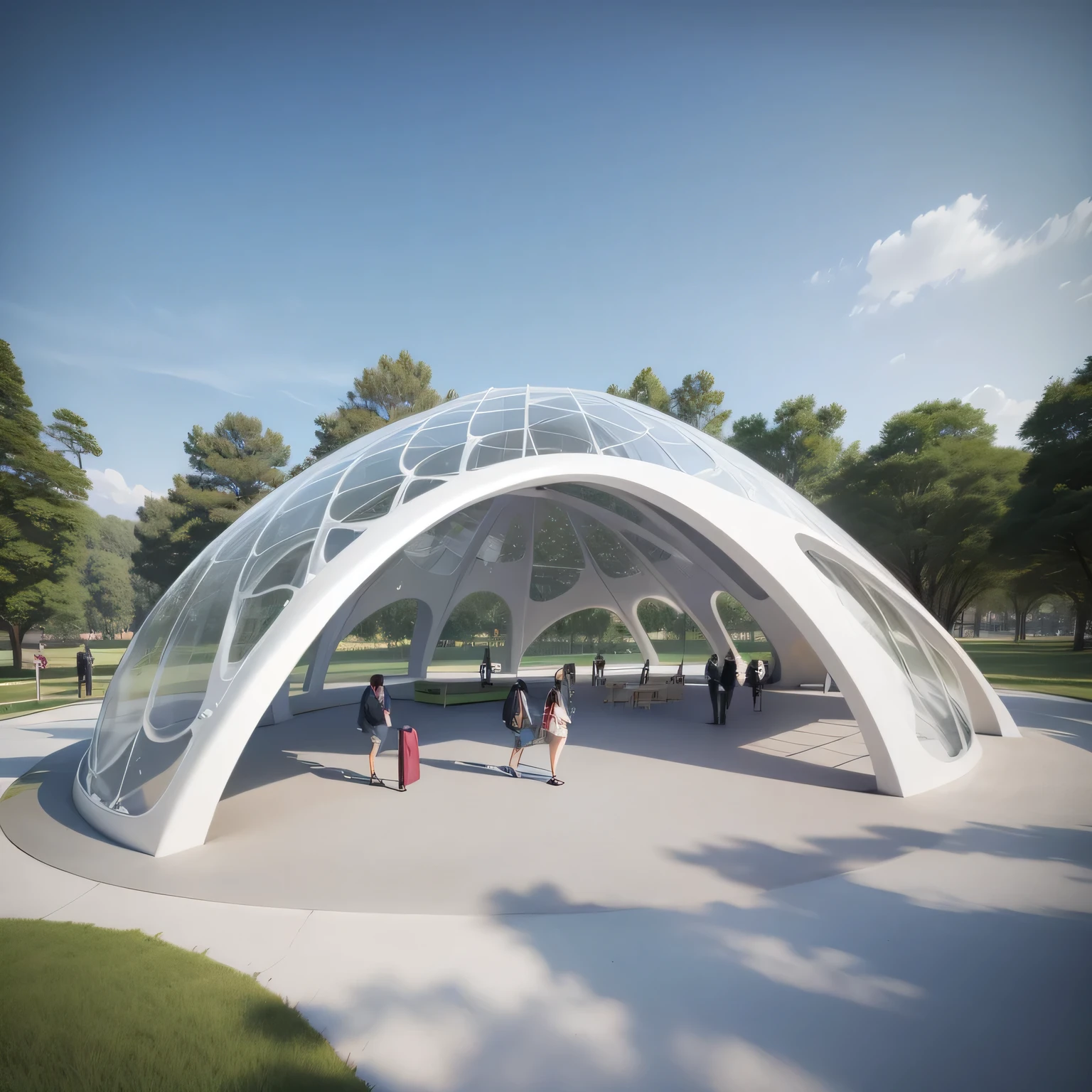 People walk around a white building in a park, conceptual rendering, Parametric structure, detailed rendering, Octal rendering, rendering, pavilion, Highly rendering, by Zha Shibiao, artist's impression, concept rendering, Art rendering, artist impression, 预rendering, with 3d rendering, 带 3D rendering, Moonlight rendering, architectural rendering