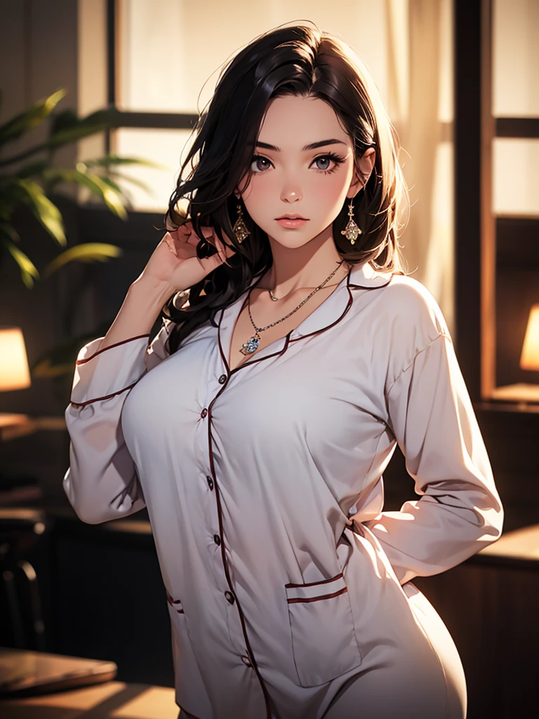 masterpiece, high resolution, beautiful woman, Korean Beauty, 30 years old, night wear, beautiful woman, night hotel, looking at me, (high resolution face), (high resolution eyes), (high quality eyes), little curvy