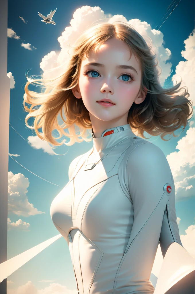masterpiece, best quality, movie still, 1girl, floating in the sky, cloud girl, cloud, (close-up:1.1), bright, happy, fun, soft lighting, (Bauhaus, shapes, lines, abstract:1.1)
