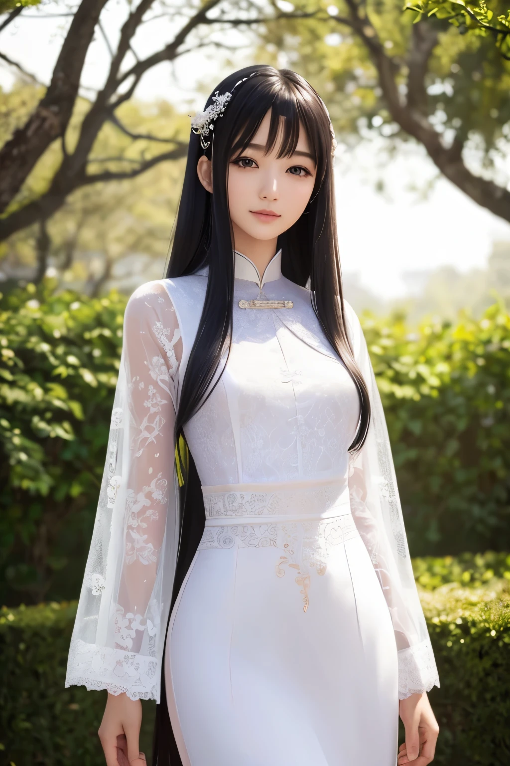 best quality, (realistic, Photoreal:1.37), ((solo)), 8K quality, very delicate and beautiful, wonderful, Official art with attention to detail, That&#39;s ridiculous, incredibly ridiculous, huge file size, super detailed, very detailed, (cute), (detailed girl), very detailed目と顔, detailed and beautiful eyes, light makeup,, (perfect woman image), slim waist, (korean beauty), ((whole body)), ((Put the head in the frame)), ((Pure white lace ao dai)), smile gently, (black hair), inner hair coloring, hair ornaments, (unusually long hair),