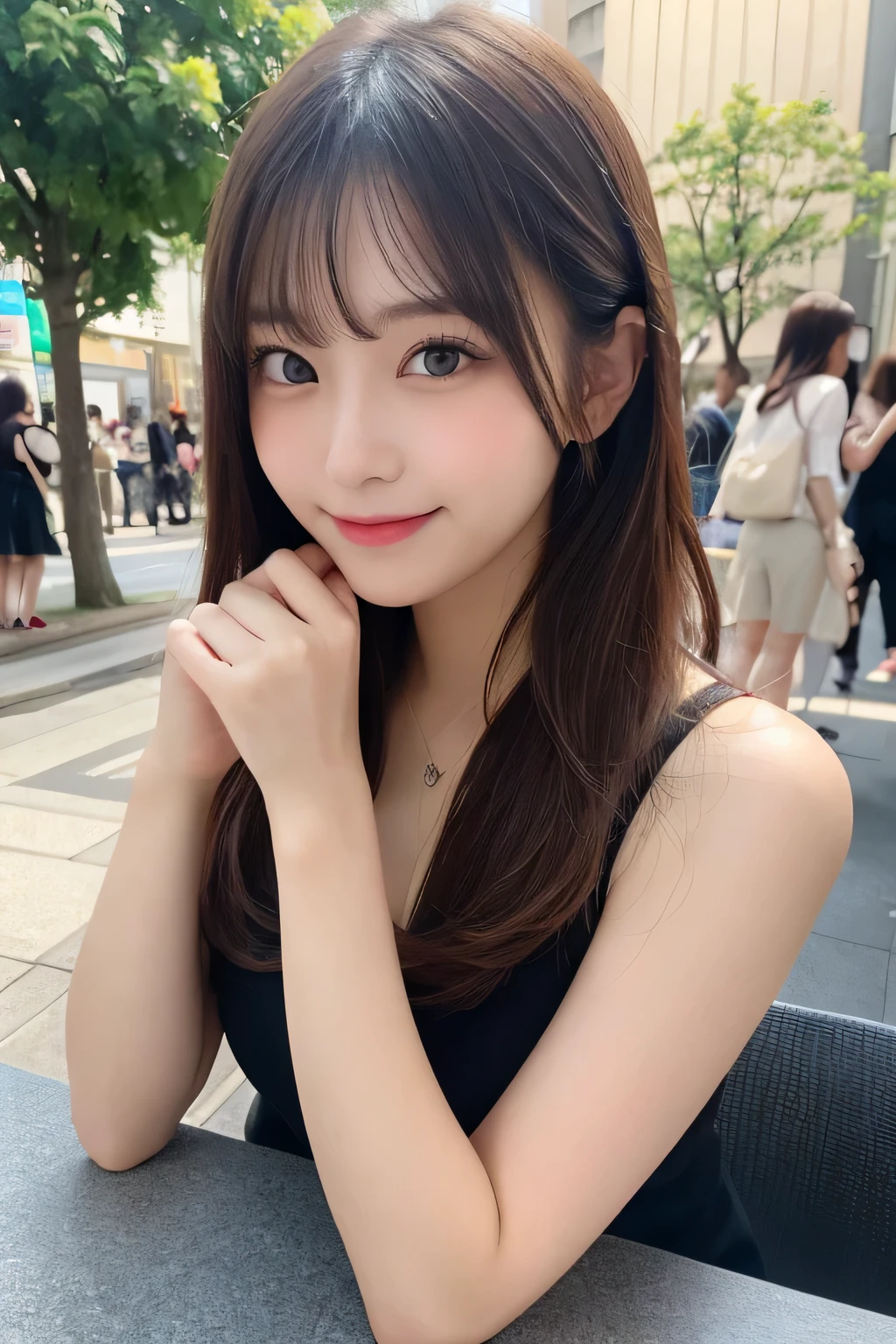 table top, highest quality, figure, Super detailed, finely, High resolution, 8k wallpaper, Perfect dynamic composition figure, detailed and beautiful eyes, ladies fashion summer,medium hair,small breasts natural color lip, bold sexy pose,smile,Harajuku、20 year old girl、cute、sexy shot looking at camera