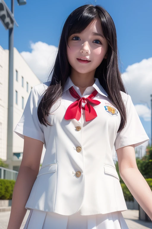 、White summer uniform with school emblem on the left breast、The nipples are clearly visible