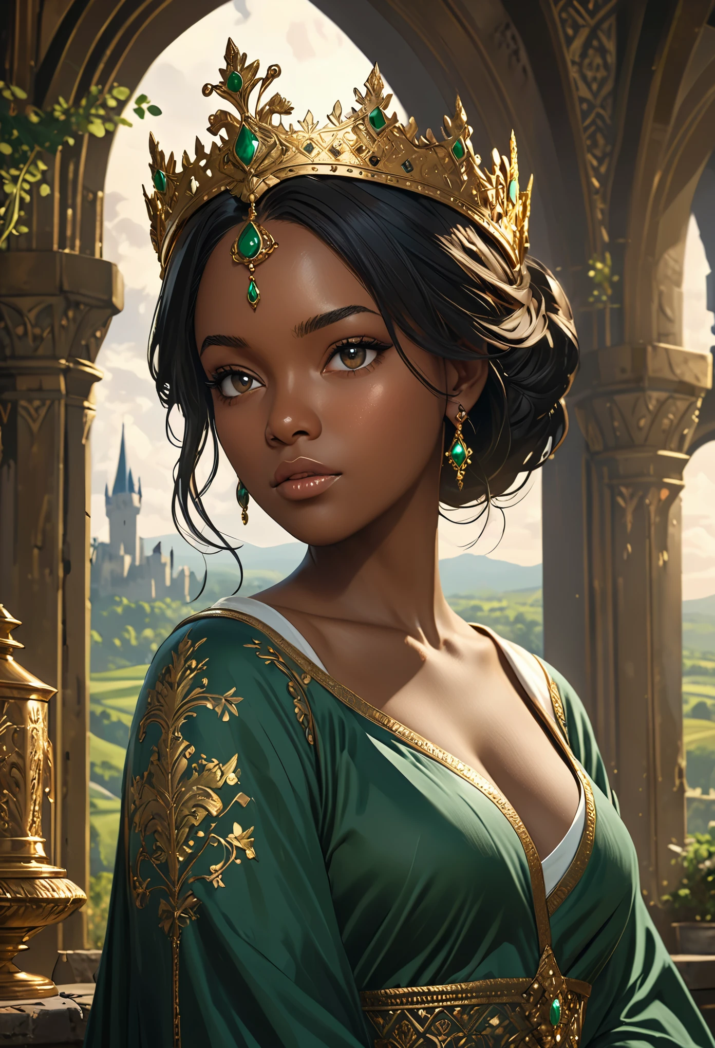 Model shooting style, (Extremely detailed CG unified 8k wallpaper), Full-length photos of the world's most beautiful works of art, Medieval Queen, Green Valley, dark skin, black women, golden crown, diamond, medieval architecture, Professional majestic oil paintings by Ed Blinkey, Artie Guerlain, Studio Ghibli, author:Jeremy Mann, Greg Manchez, Antonio Moro, Popular topics on ArtStation, Trending on CGSociety, complex, high detail, sharp focus, dramatic, photorealistic art by midjourney and greg rutkowski