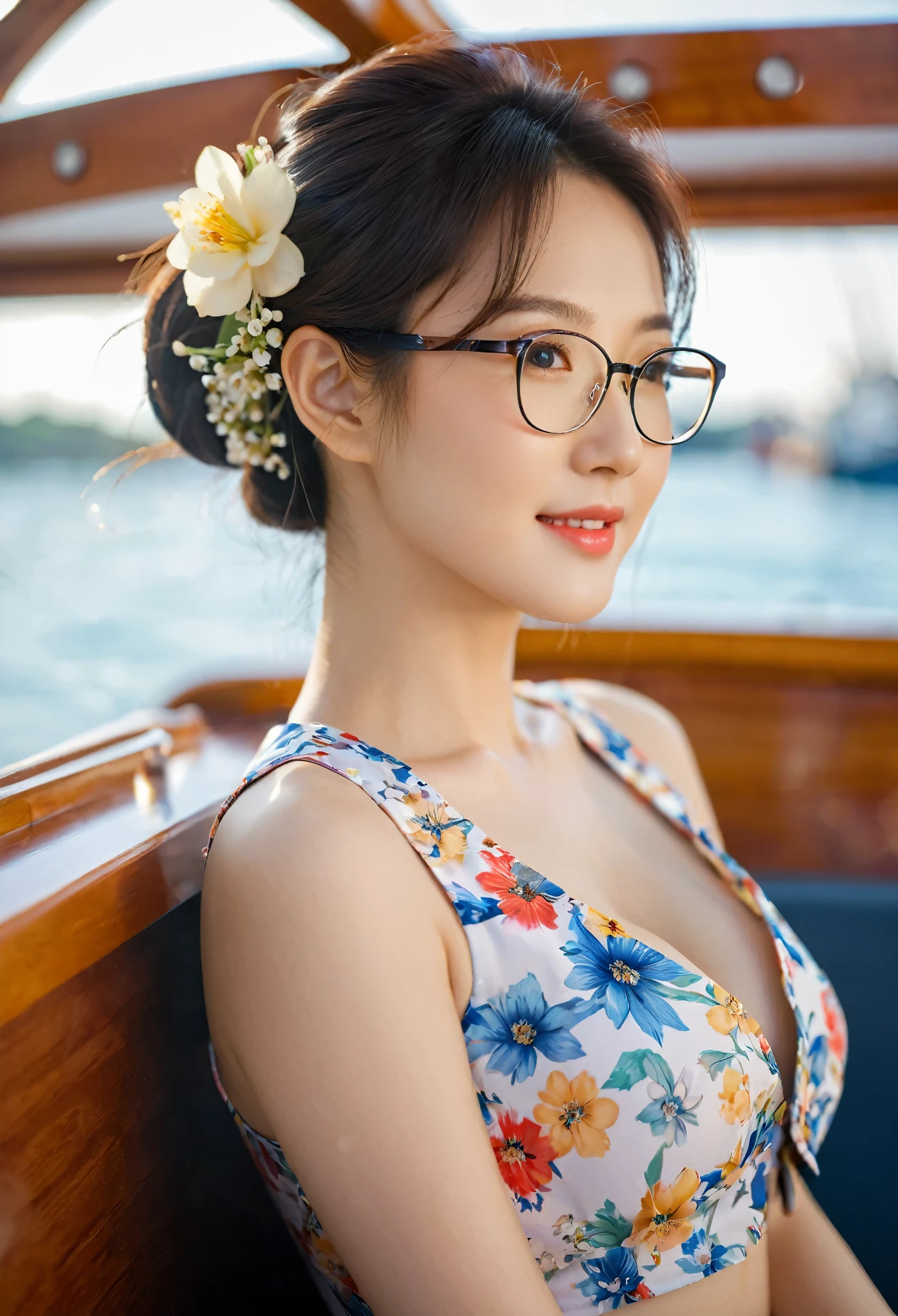 close-up, side shot of beautiful korean female, 34 inch breasts size, slightly smile, glasses, wearing crop top flowers pattern, sitting in a ship, bokeh background