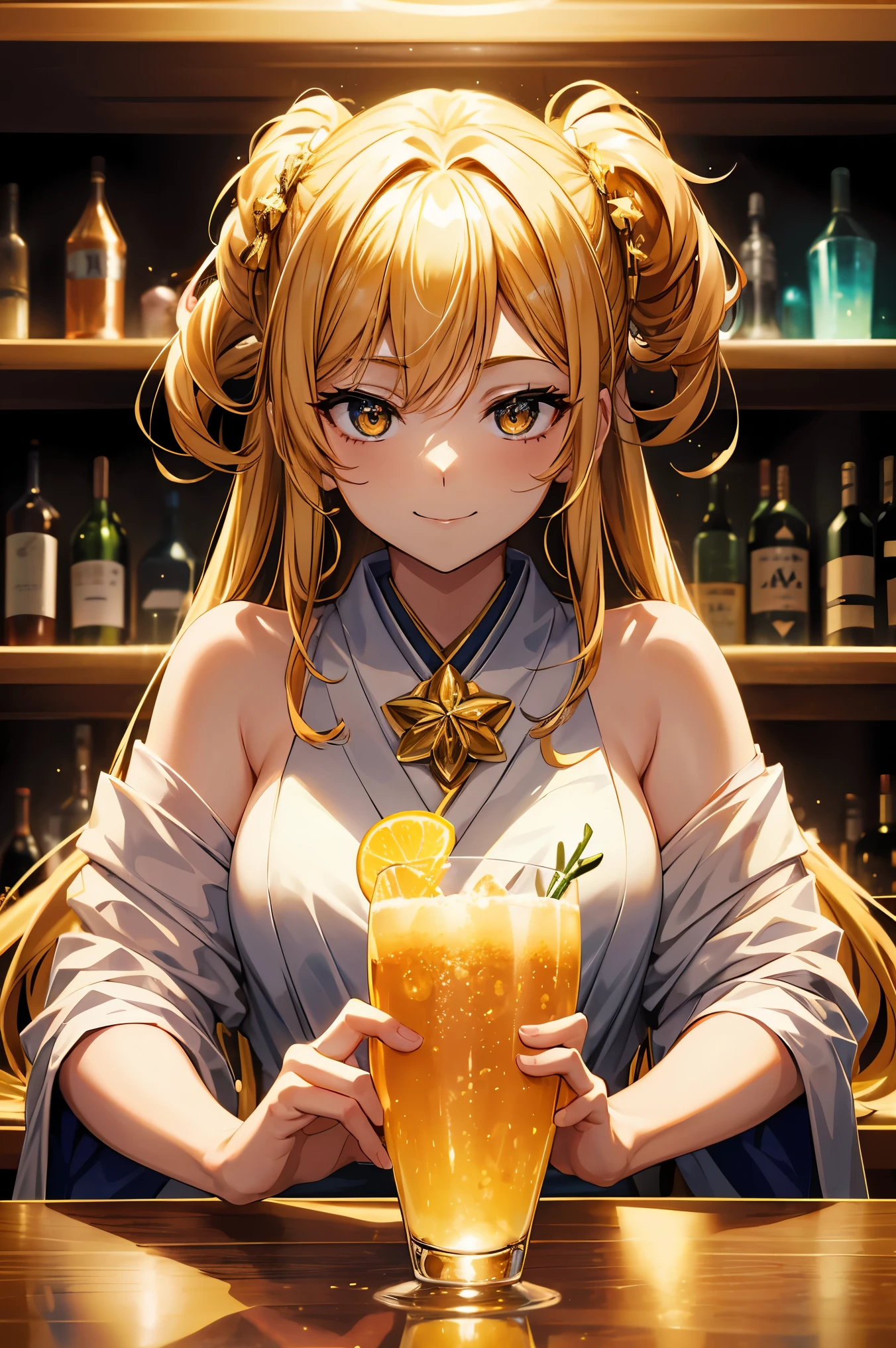 Close-up of Gold Fizz cocktail art displayed on a bar counter glowing at night, High quality waifu movie anime with avant-garde fashion style, A Japanese idol girl with droopy eyes holding a cocktail glass and smiling slightly. shaker on the counter. Golden Refraction