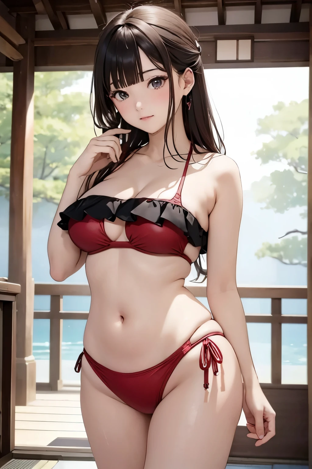 (((masterpiece))),(((High resolution)))、(((8K)))、(((perfect face)))、(((beauty of japan)))、20 years old、(((beautiful face))), (((swimsuit))), Plump, embarrassed look, look at the camera, (thighs)、top quality eyes, detailed texture, look at the camera, standing
