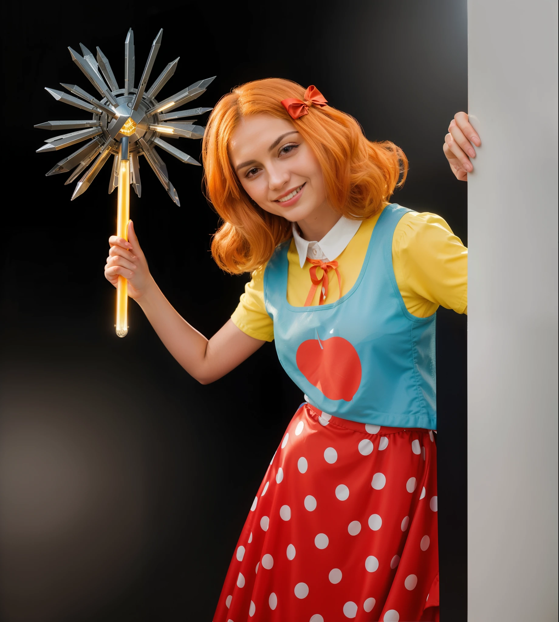 A woman with orange hair and a blue and red dress is peeking out from behind a wall. she is holding a mace, rim light, multiple light sourses/ woman looks like a doll. doll cosplay, cartoon doll girl with a mace in her hand, doll, game character, videogame character, creepy doll, large creepy smile, doll with creepy smile and red eyes, insane, she ia holding death star mace in hand, doll toy, glossy texture, smooth 3d model, multiple light sources, rim light, sharp post effects render, (glossy plastic texture with multiple big light probe refractions), perfect cgi, smooth silhouette, high intensity refraction, (super glossy material), most beautiful vfx, blue background, plastic refractions, realistic, 4k, high resolution, rim light, she is flying, she is laying on the floor, photo shoot, commercial photo,  profile shot, 4k, rim light, high resolution, 4k, glossy texture, smooth 3d model, multiple light sources, rim light, sharp post effects render, (glossy metallic texture with multiple big light probe refractions), perfect cgi, cgi art created only with gradients, smooth silhouette, high intensity refraction, (super glossy chrome material), most beautiful vfx, blue background, chrome metal refractions, multiple light sources, rim light, sharp post effects render, perfect cgi, anthropomorphic cat, digital art, detailed digital art, reflective, best quality, 4k, masterpiece:1.2, ultra-detailed, realistic, vivid colors, dark and moody lighting, The image of the highest quality, ensuring every detail showcased perfectly. It in 4k resolution, allowing viewers to immerse themselves in the richness of the colors and intricate details. The realistic rendering. under the spotlight, reflecting, high-resolution image, realistic rendering, dark background, and rim light photorealistic