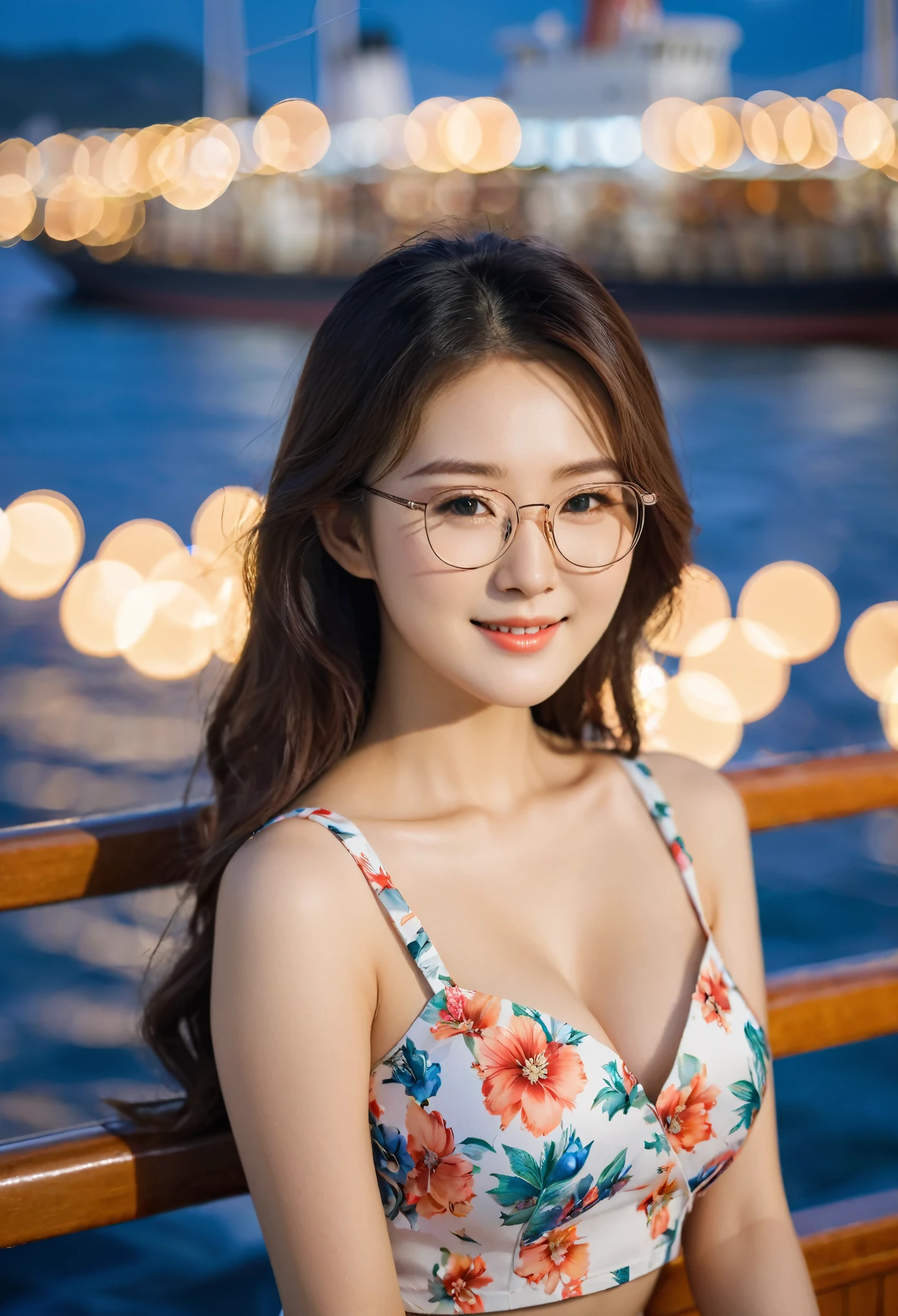 close-up, of beautiful korean female, 34 inch breasts size, slightly smile, glasses, wearing crop top flowers pattern, sitting in a ship, bokeh background