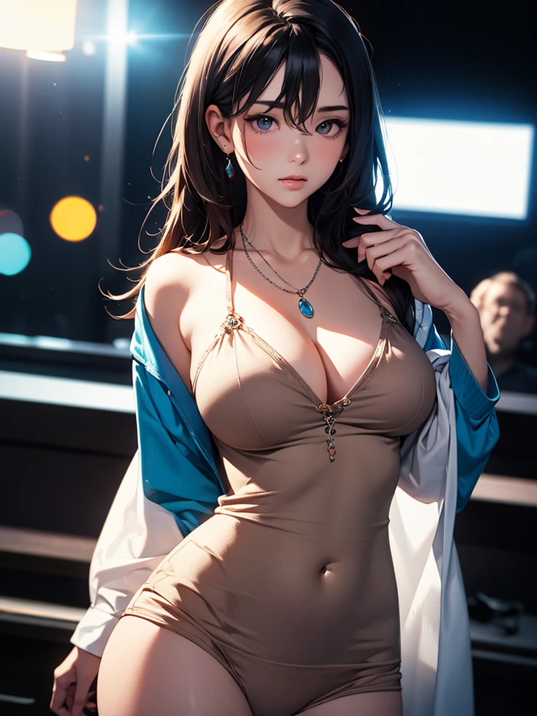best quality, masterpiece, High resolution, a girl, Sling pajamas, necklace, jewelry, pretty face, big breasts, more than_Body, Tyndall effect, lifelike, dark studio, edge lighting, two-tone lighting, (HD skin: 1.2), 8K Ultra HD, SLR camera, soft light, high quality, Volumetric lighting, frank, photography, High resolution, 4K, 8K, Bokeh,